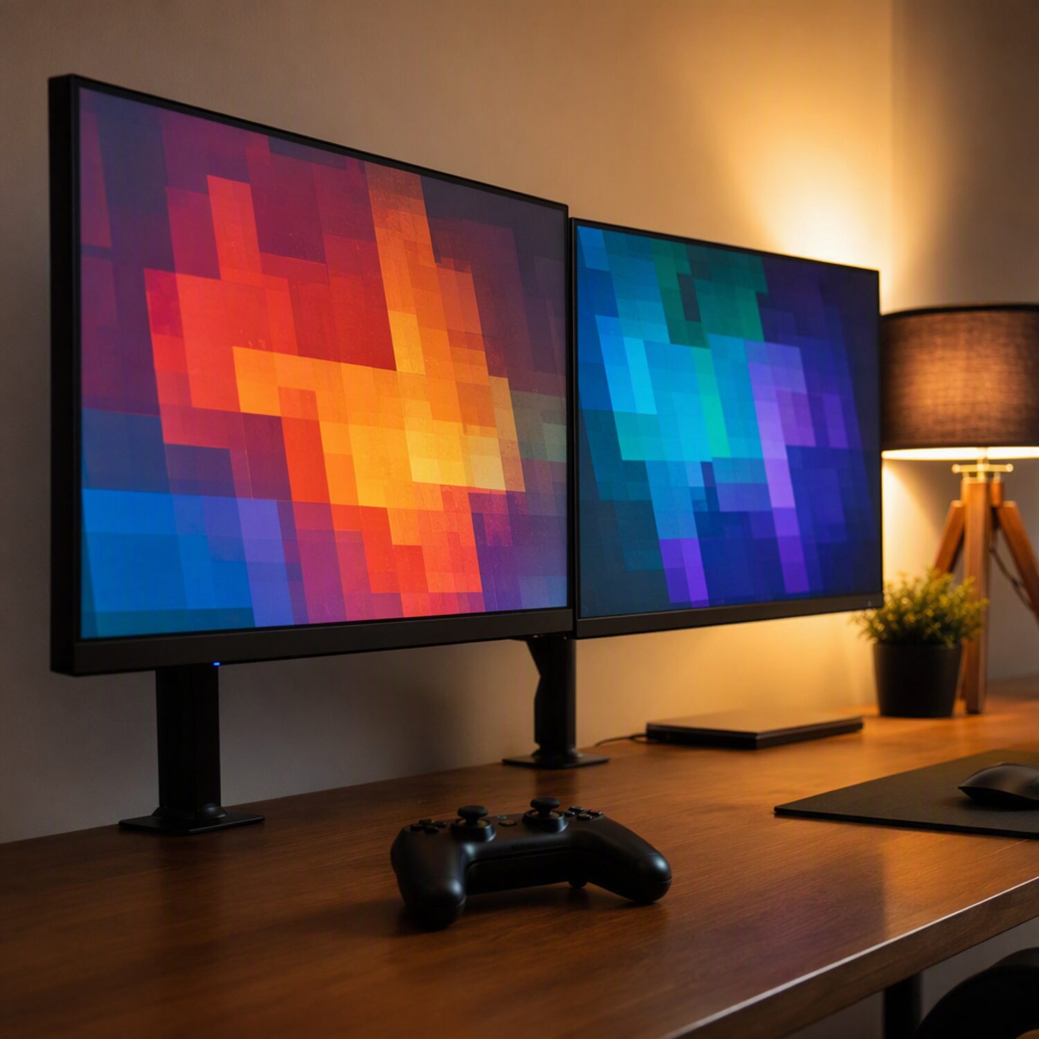 A controller and monitors showing abstract tiles