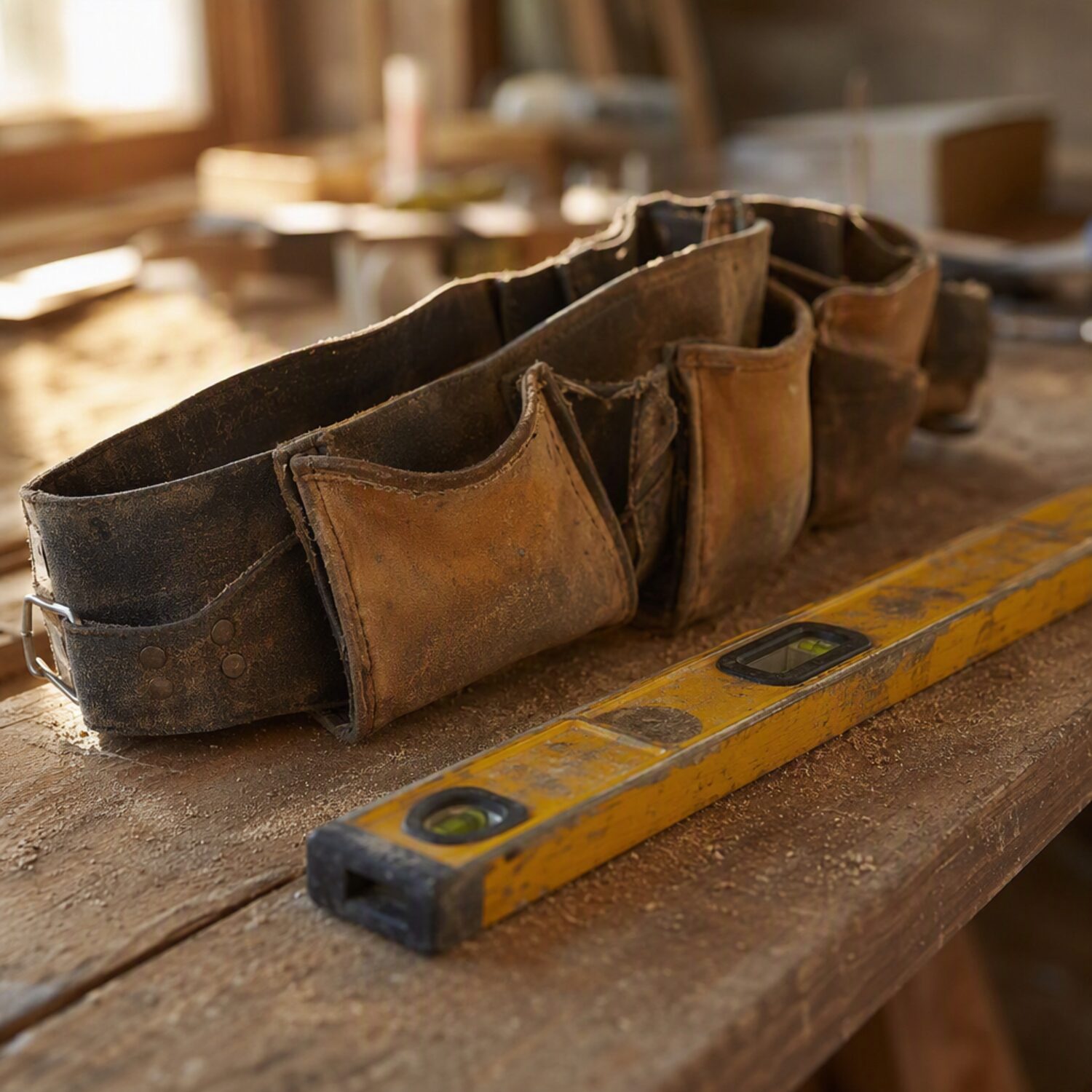 A tool belt and spirit level on a workbench