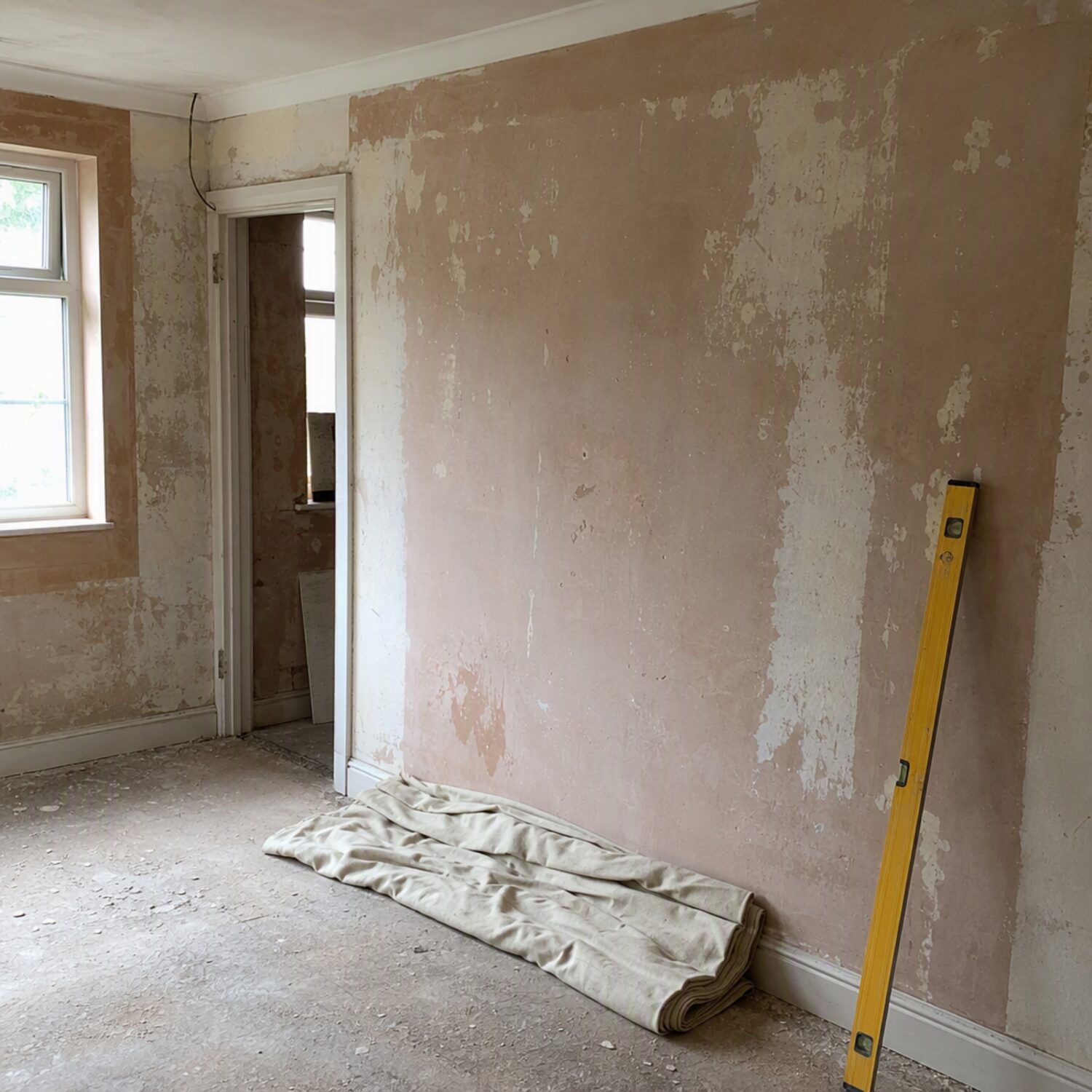 A half-renovated room with a spirit level
