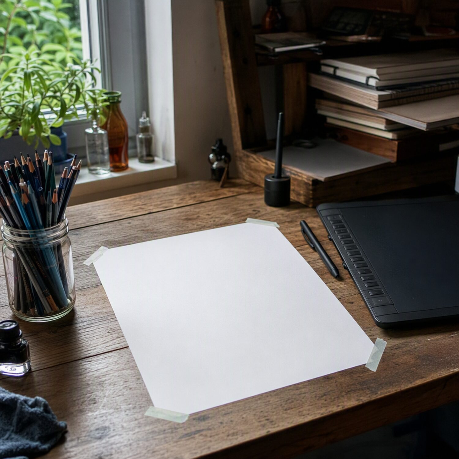 A graphics tablet and pencil jar on a desk