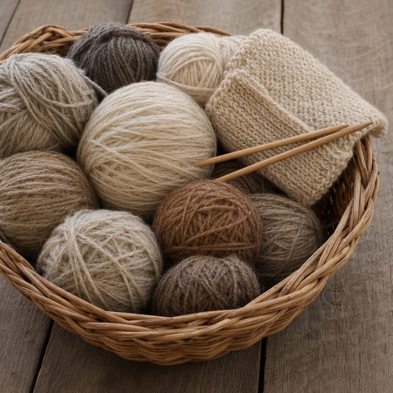 Wool in a basket with wooden needles