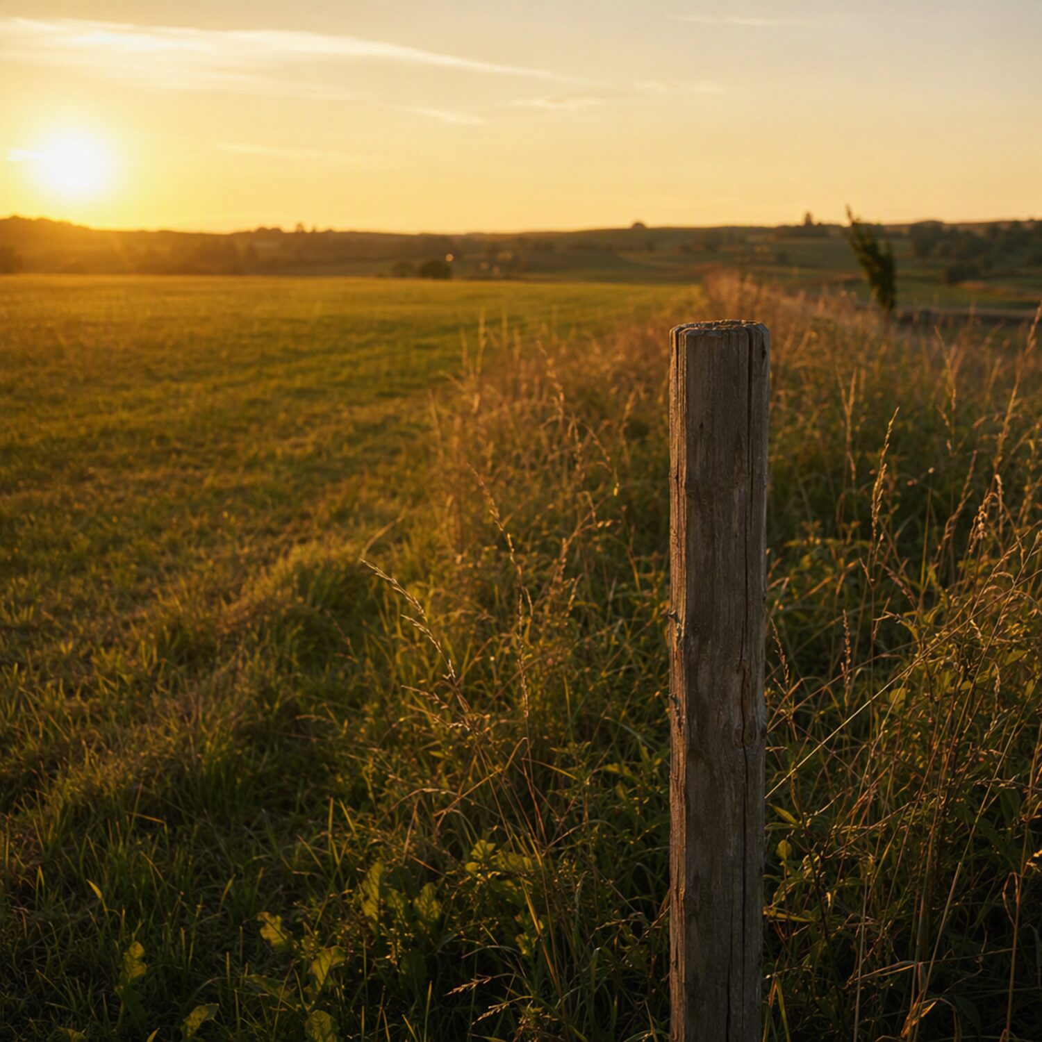 An open field with a boundary stake at golden hour