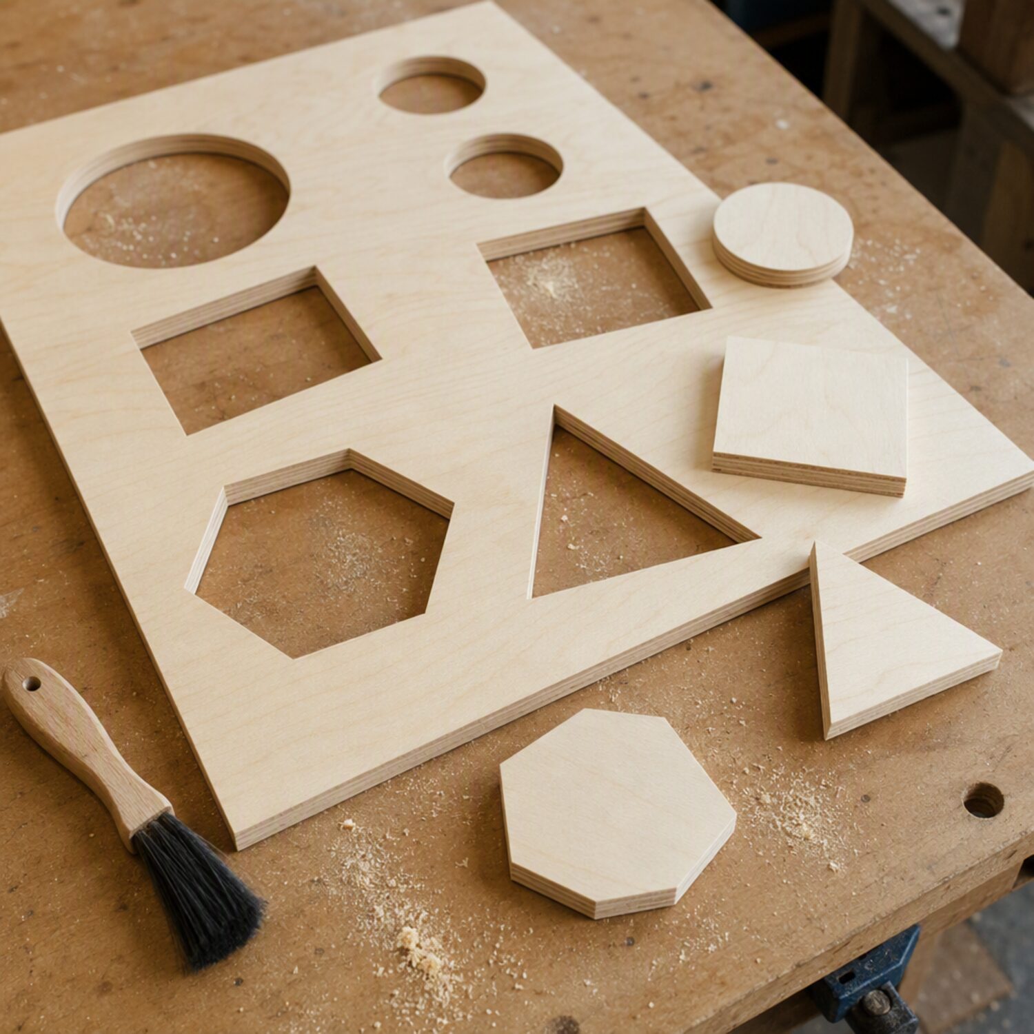 A plywood sheet with laser-cut shapes lifted out
