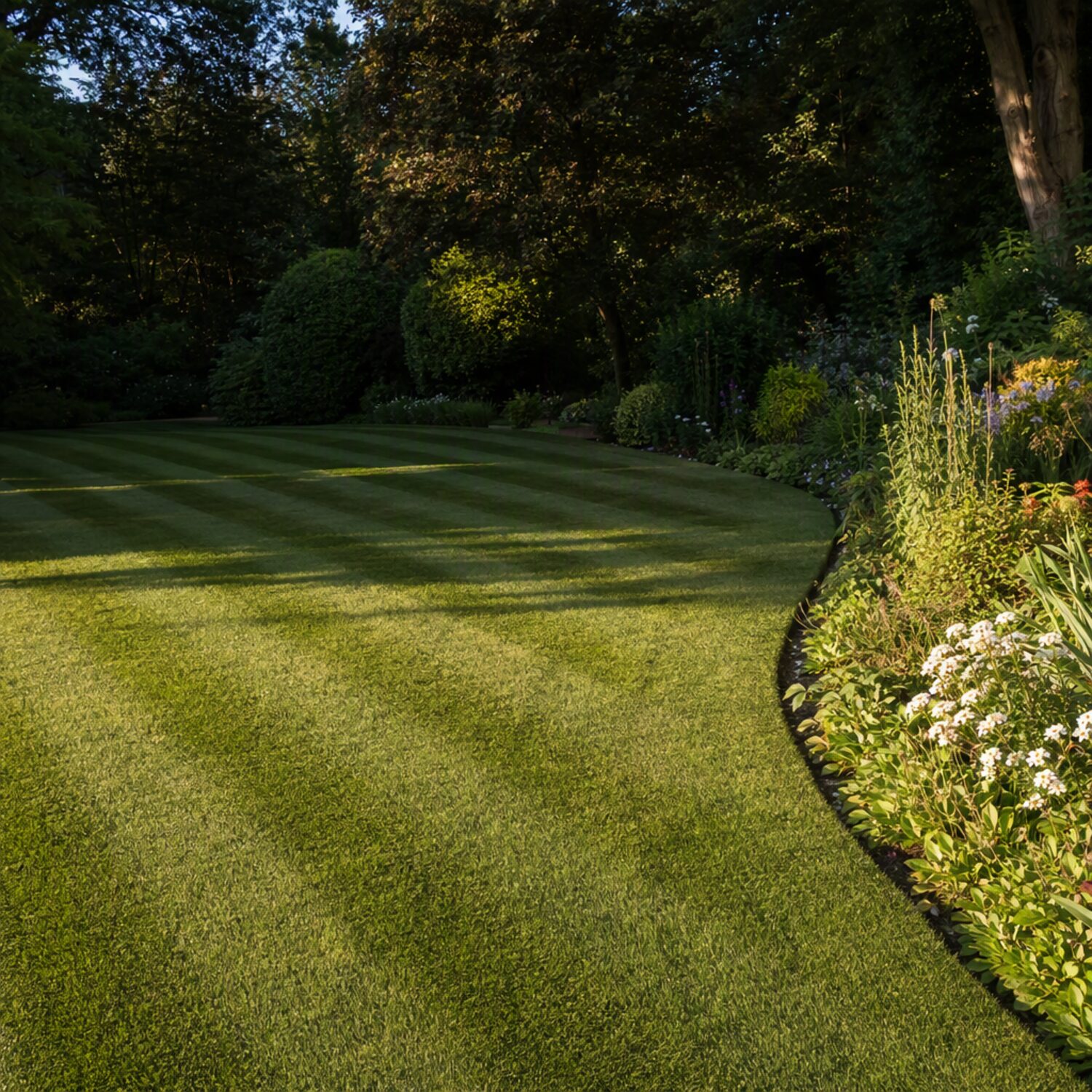 A freshly striped lawn in late afternoon light