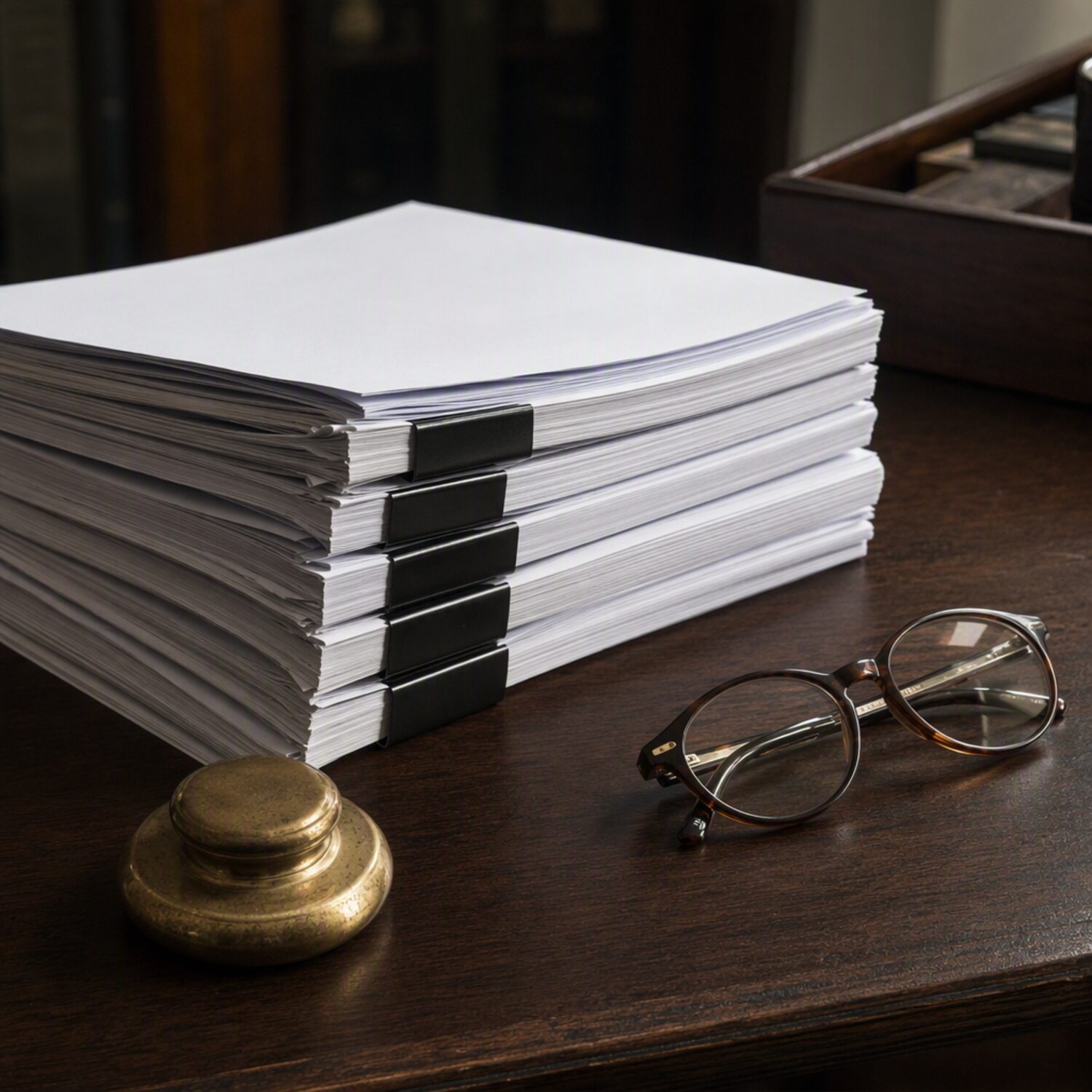 Bound documents, glasses and a paperweight