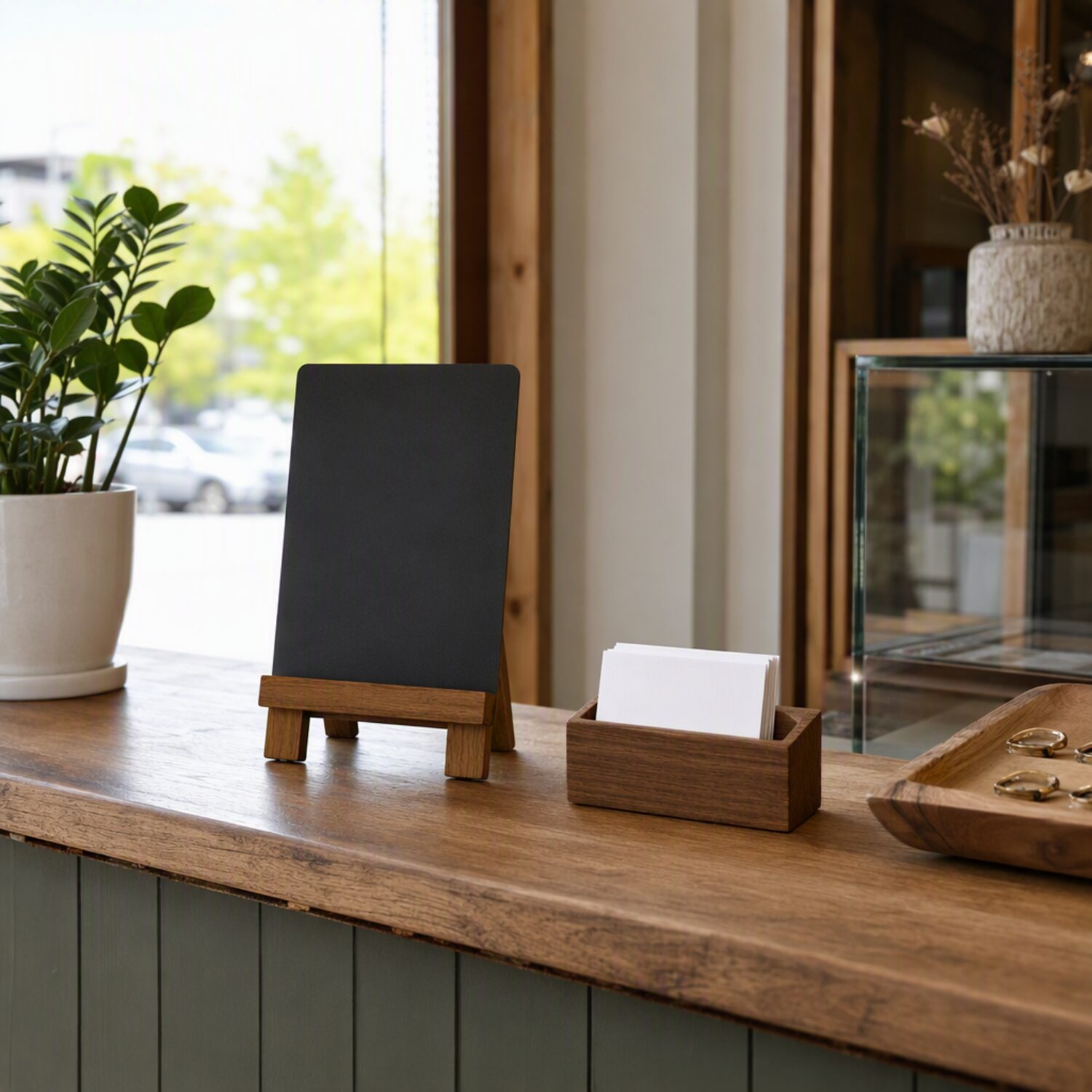 A small shop counter with a card holder and chalkboard