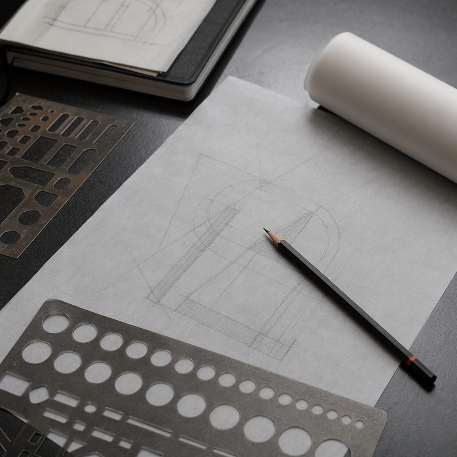Tracing paper, pencil and stencils on a desk