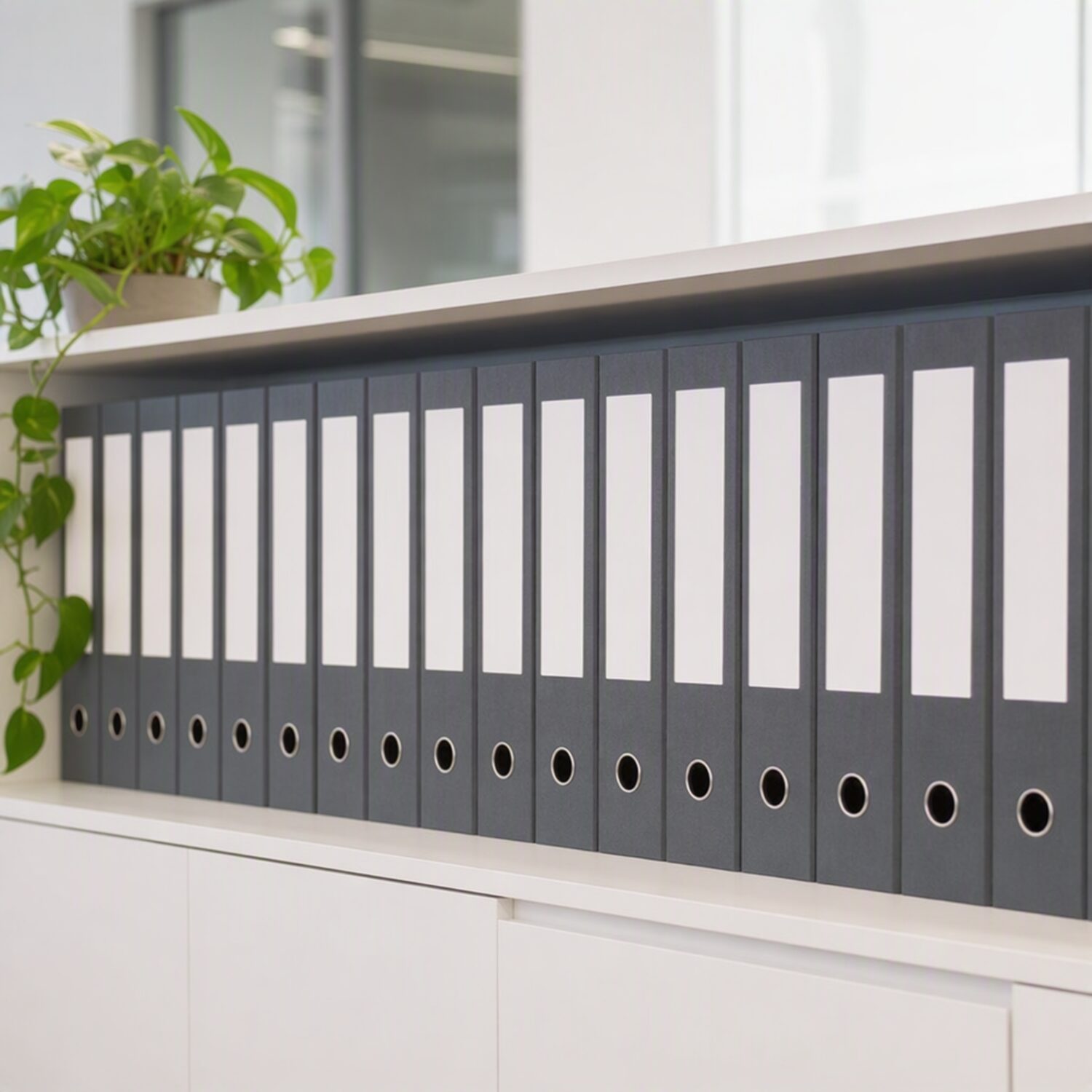A shelf of labelled binders in an office