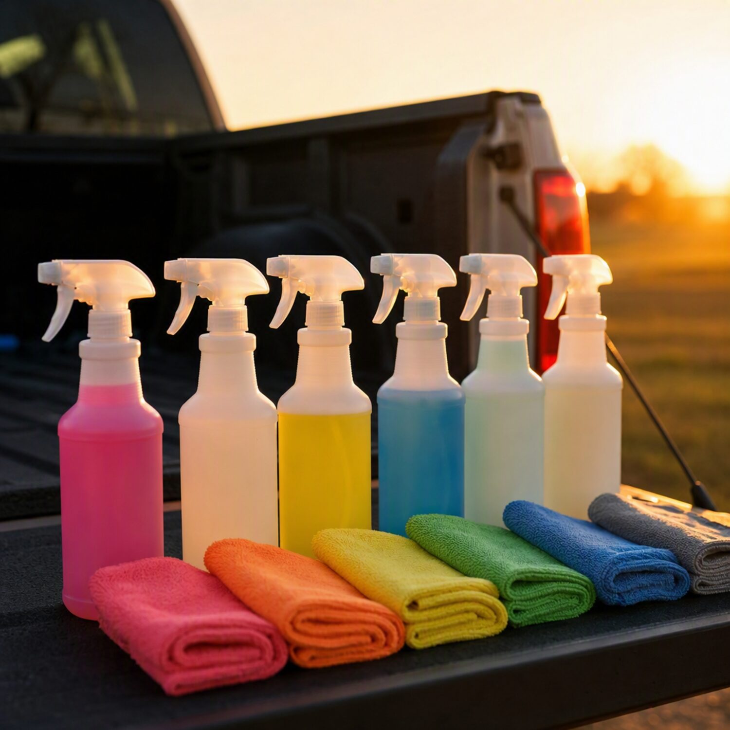 Spray bottles and cloths on a tailgate