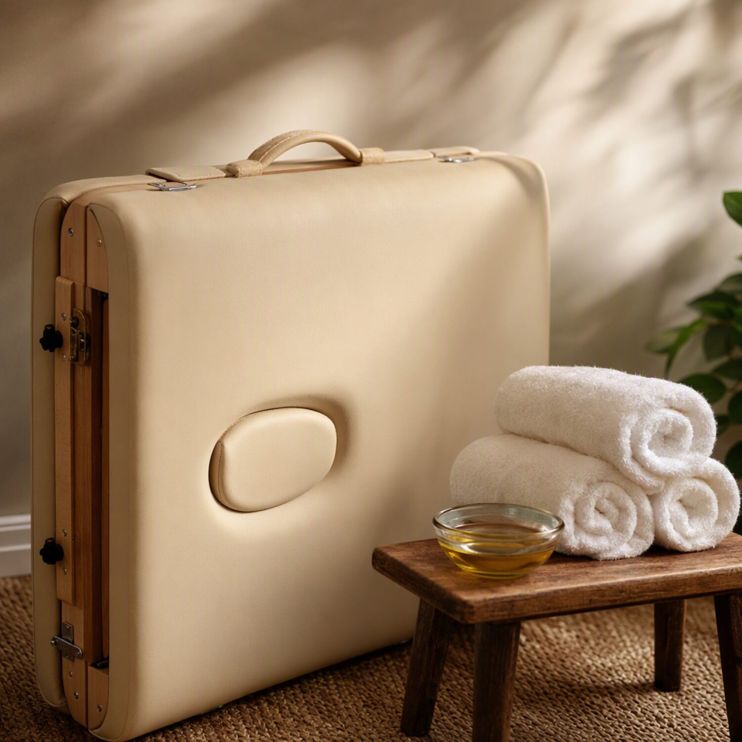 A folded massage couch with rolled towels