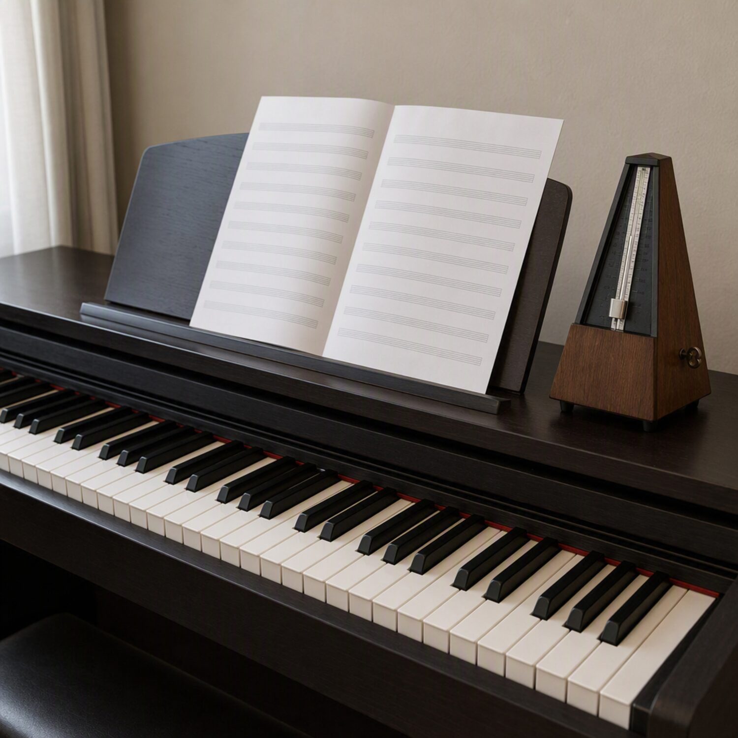 A piano with a blank music stand and metronome