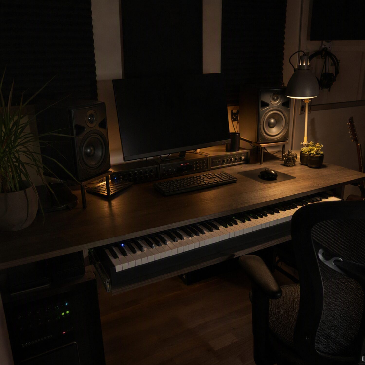 A home music studio with a midi keyboard