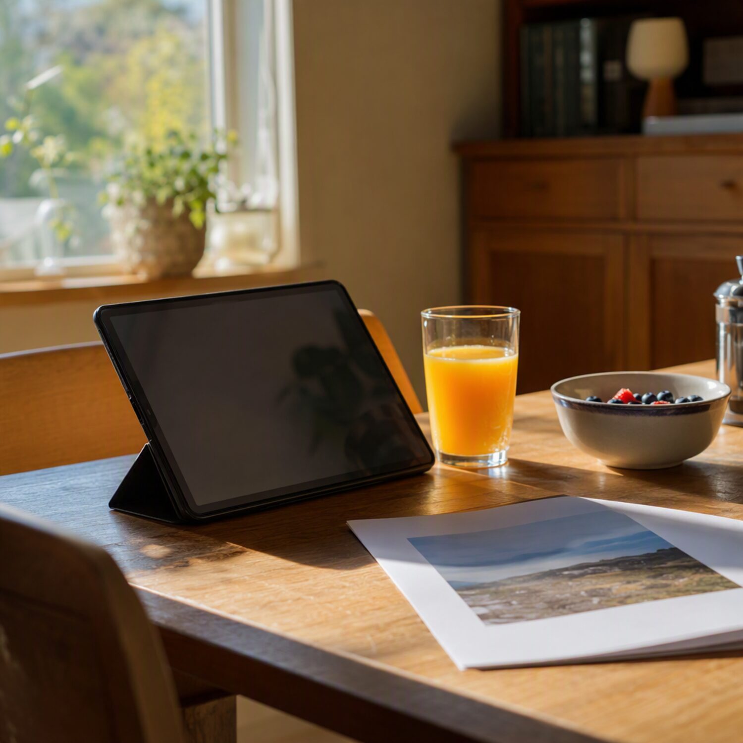 A tablet propped on a breakfast table