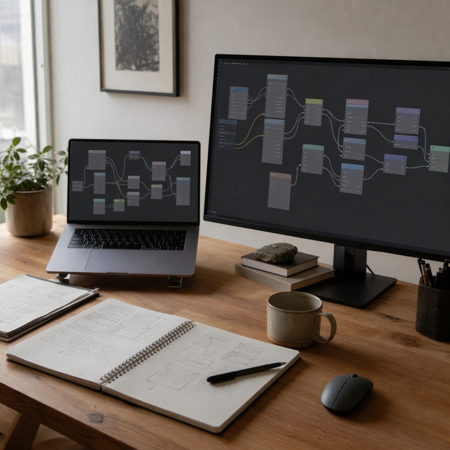 Screens showing abstract connected blocks