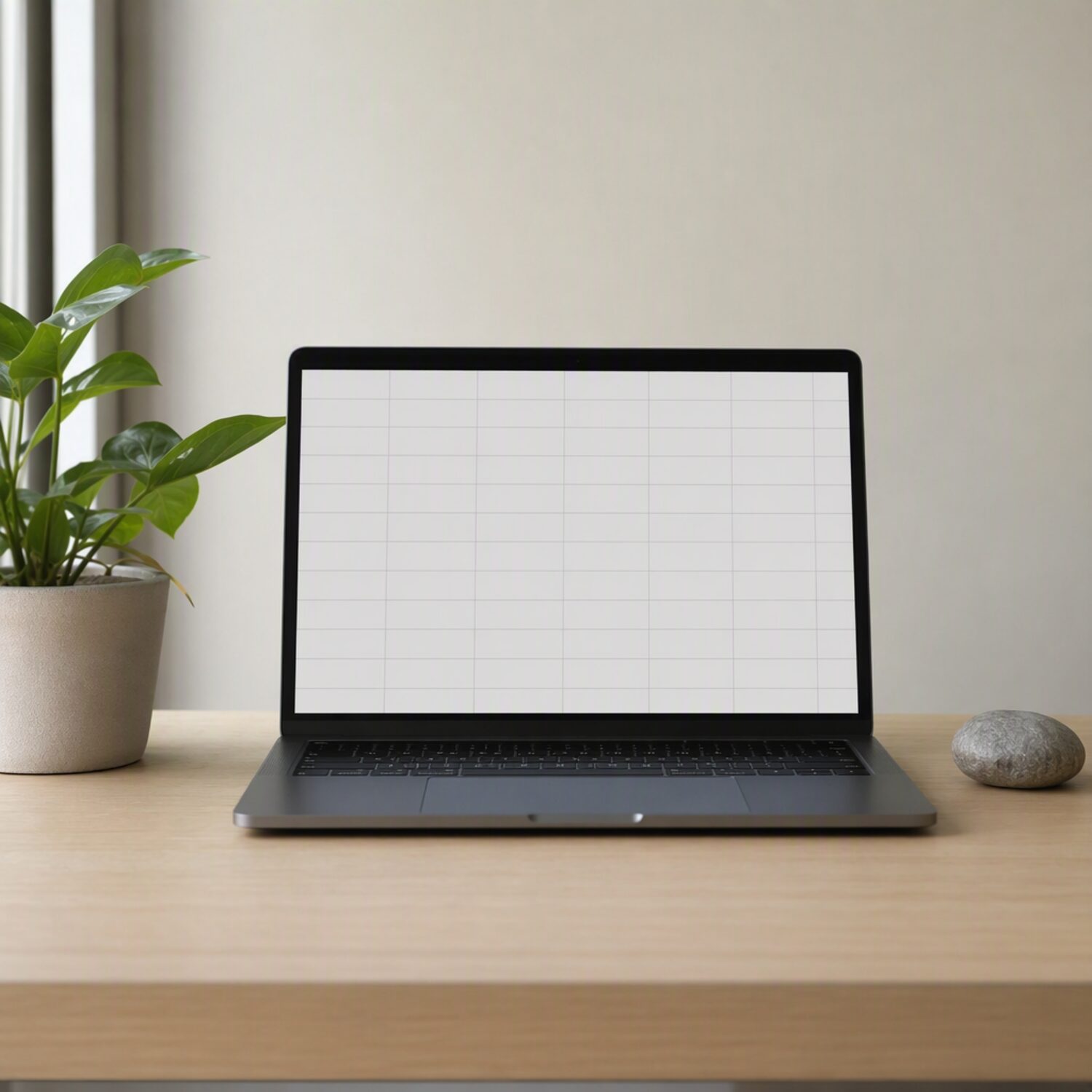 A laptop showing a blank grid interface