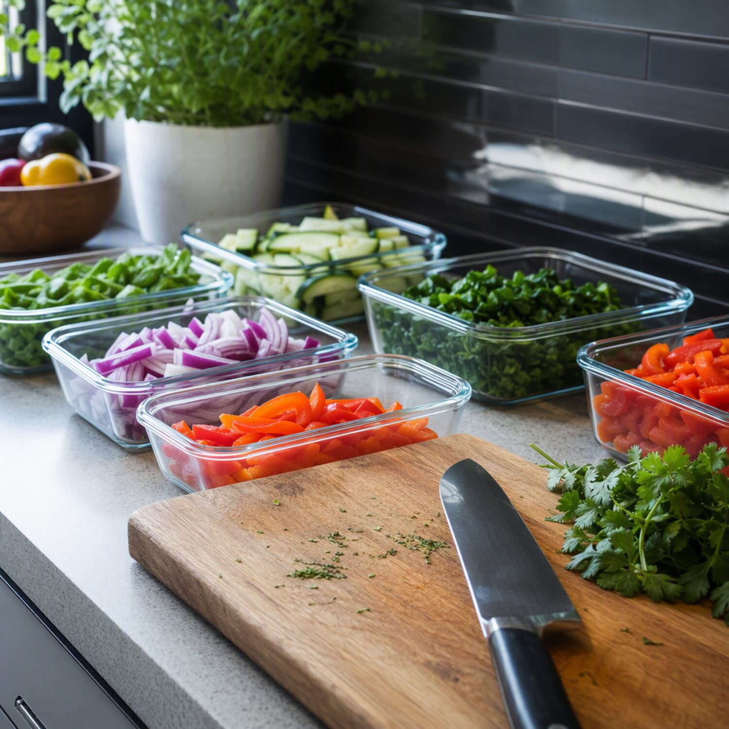 Prepped vegetables in containers on a worktop