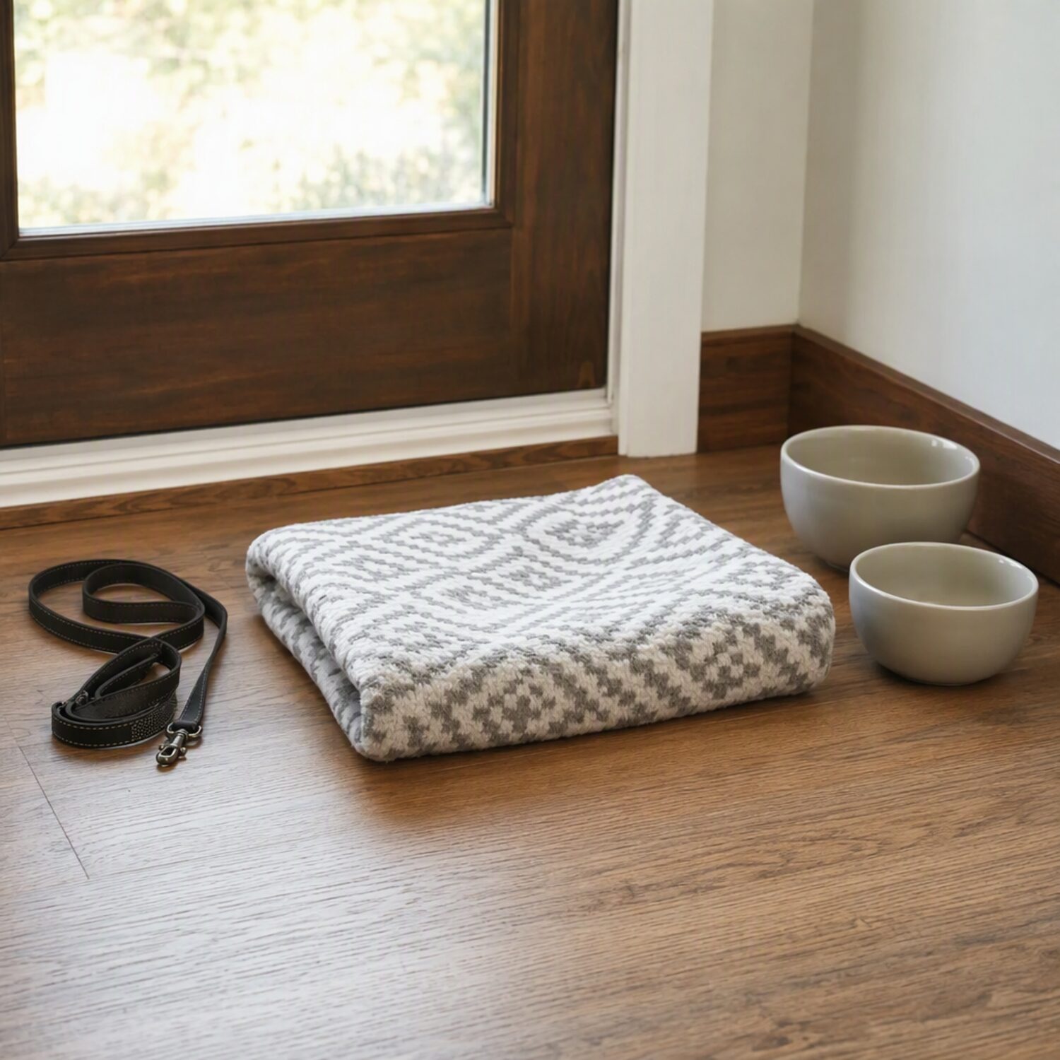 A lead, blanket and pet bowls by a door