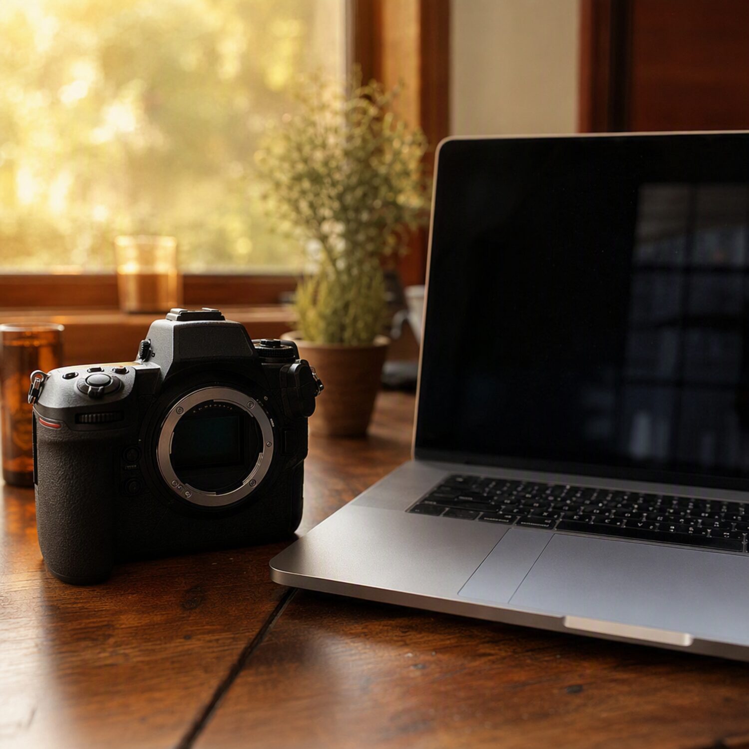 A camera beside a laptop on a wooden desk