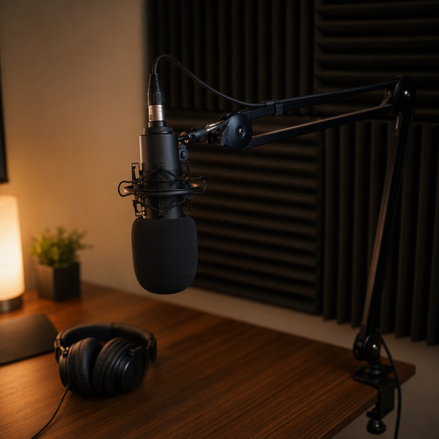 A studio microphone and headphones on a desk