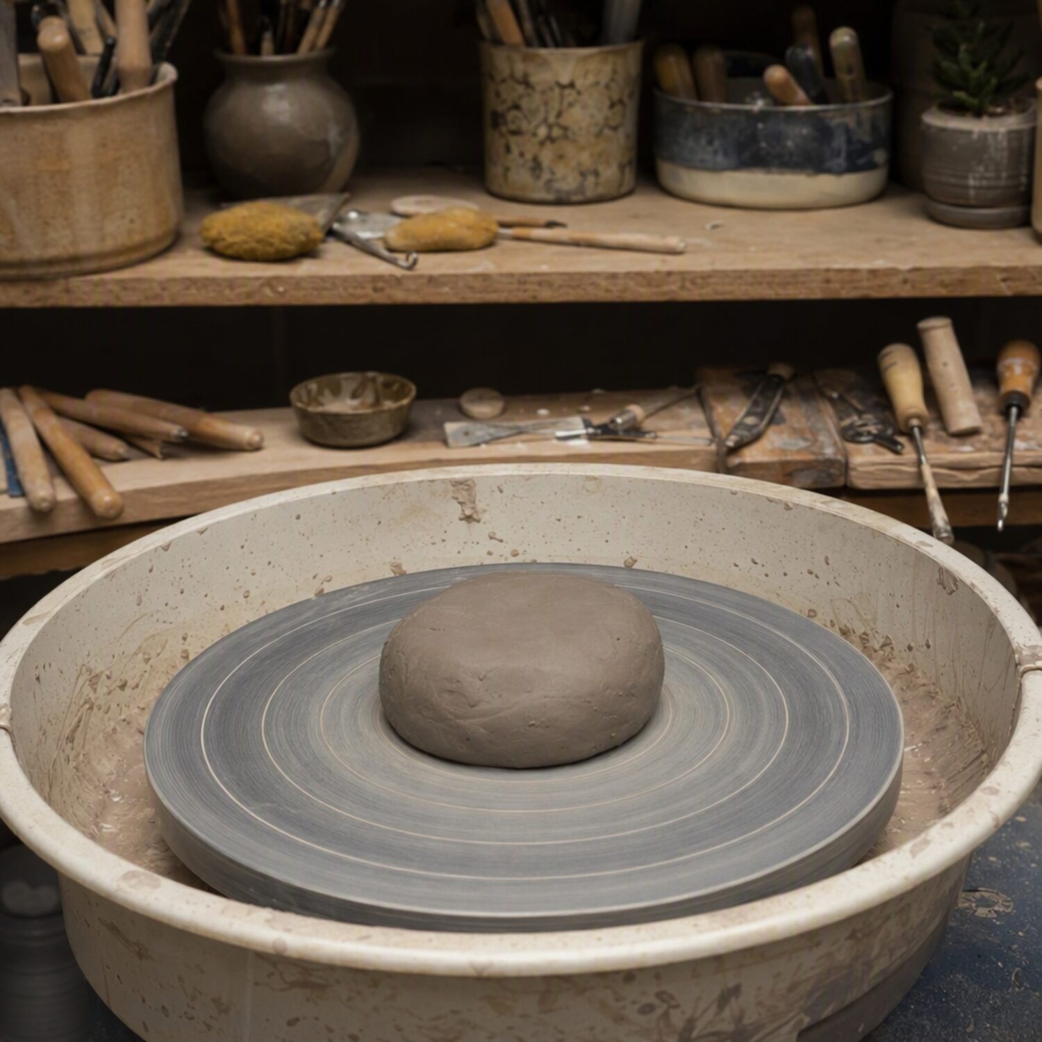 A potter's wheel with clay and tools