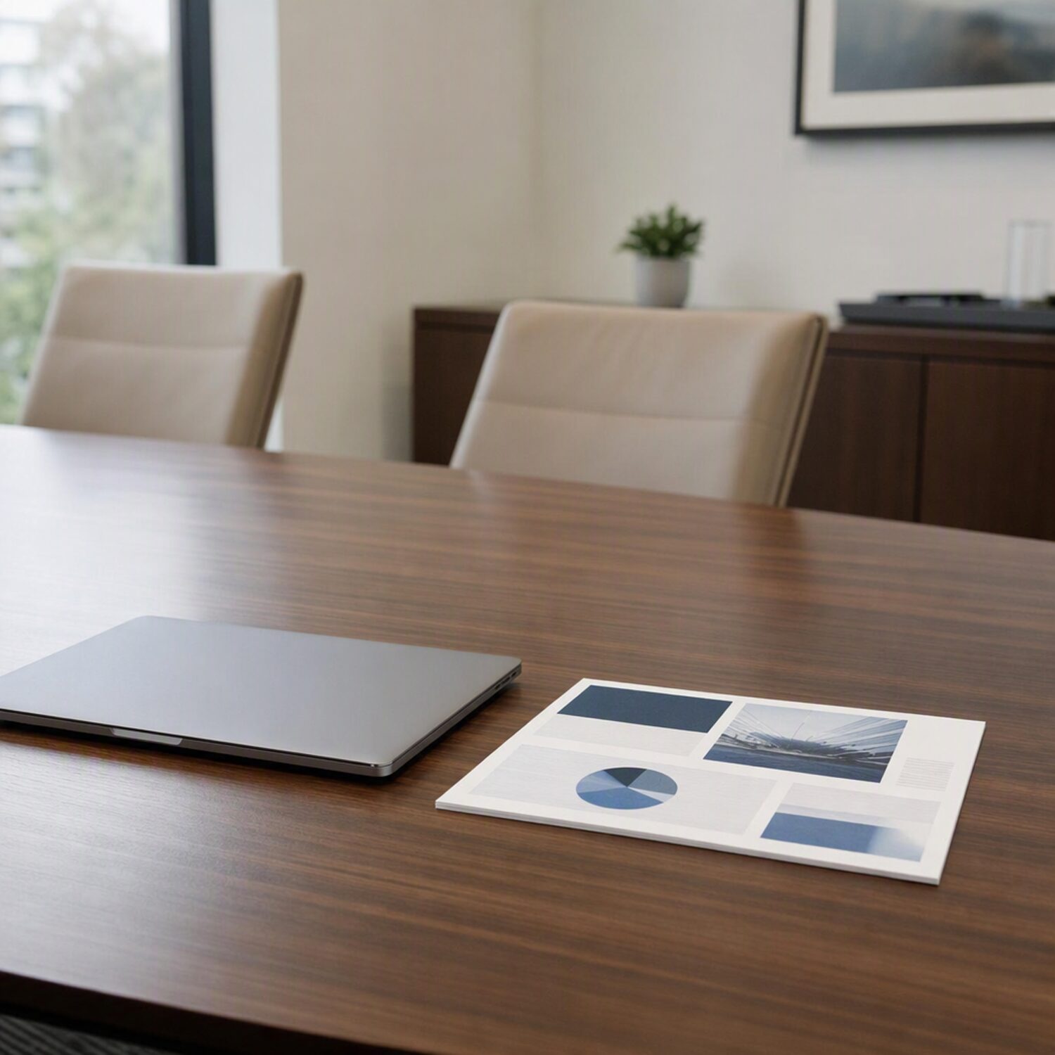 A closed laptop and printed handout on a table