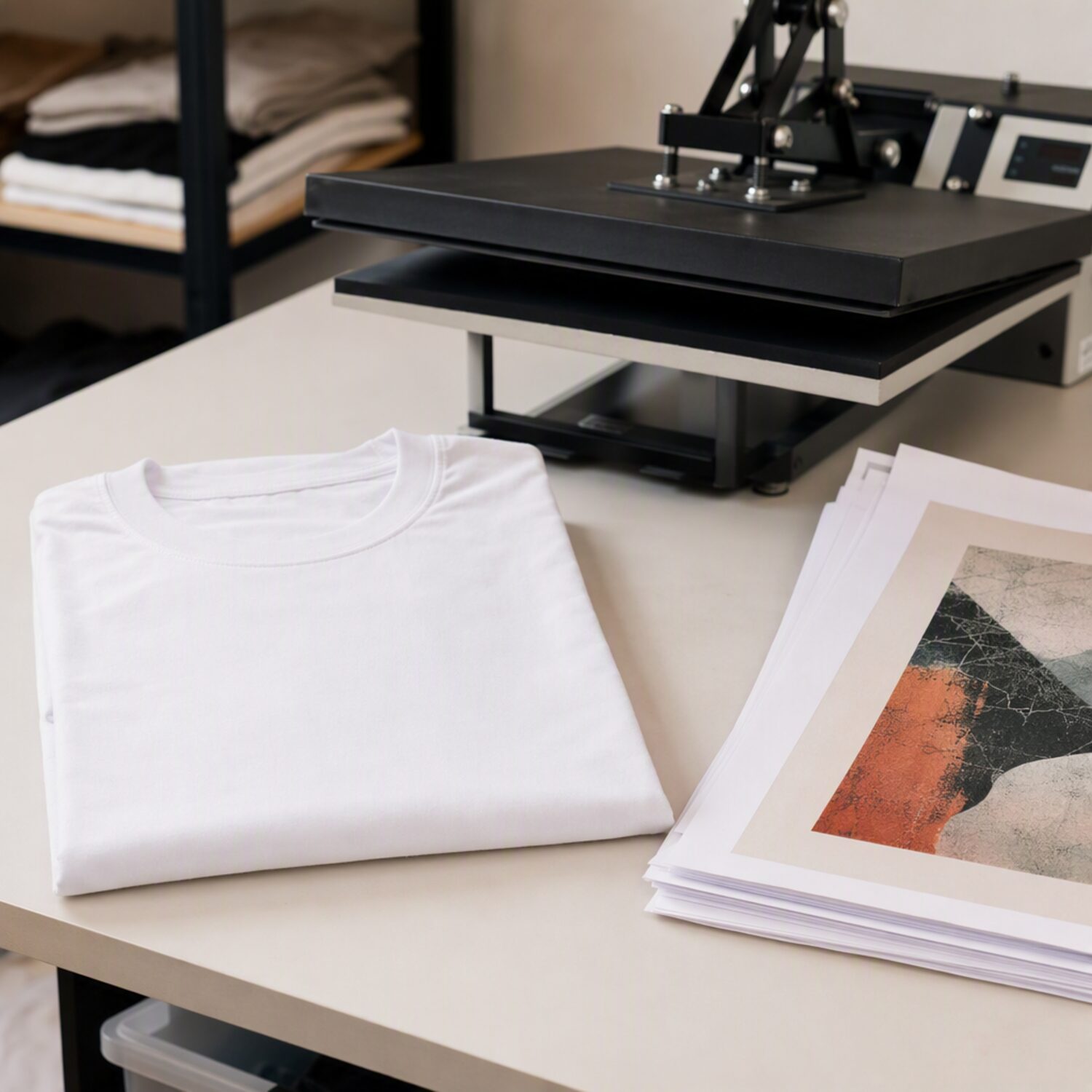 A blank t-shirt beside a heat press and design proofs