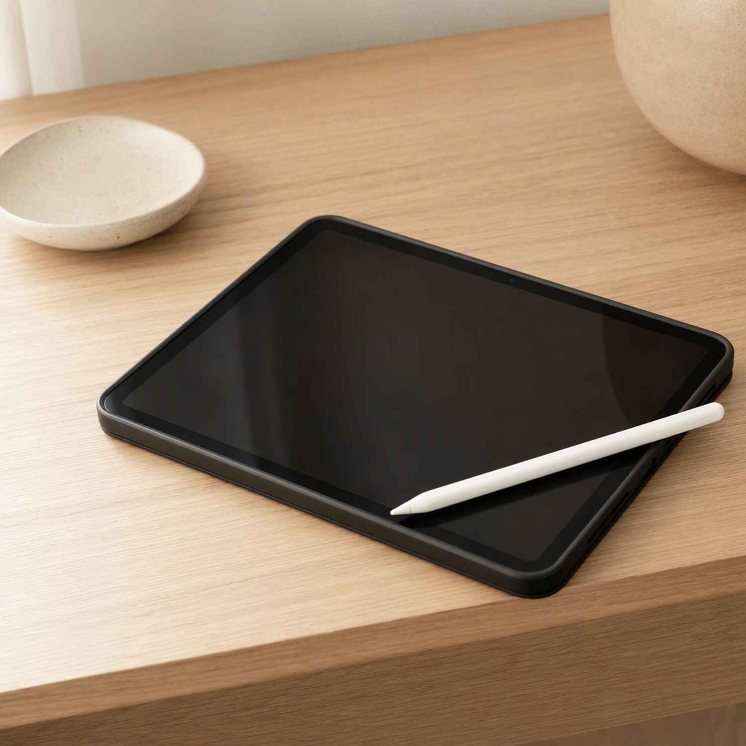 A tablet and stylus beside a ceramic dish