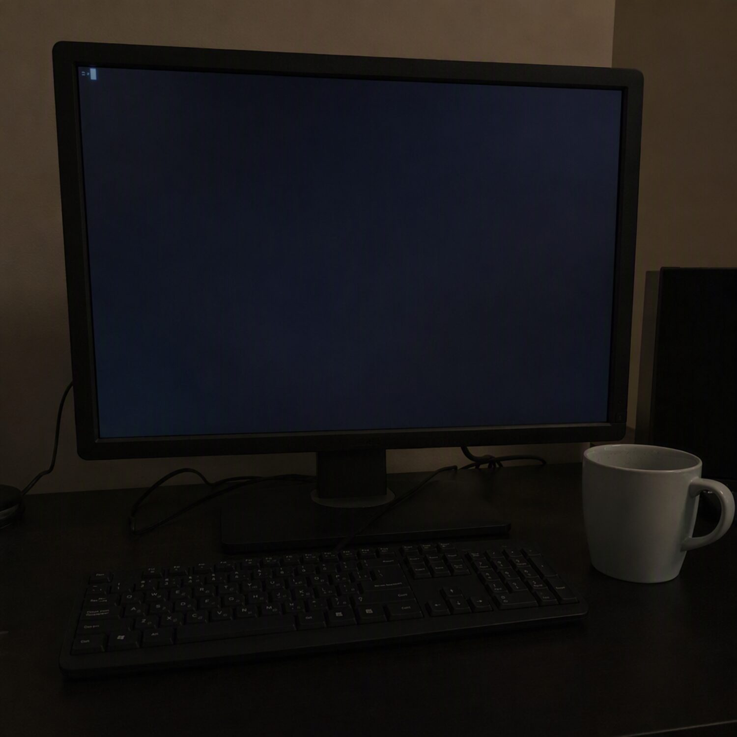A keyboard and monitor showing a blank terminal