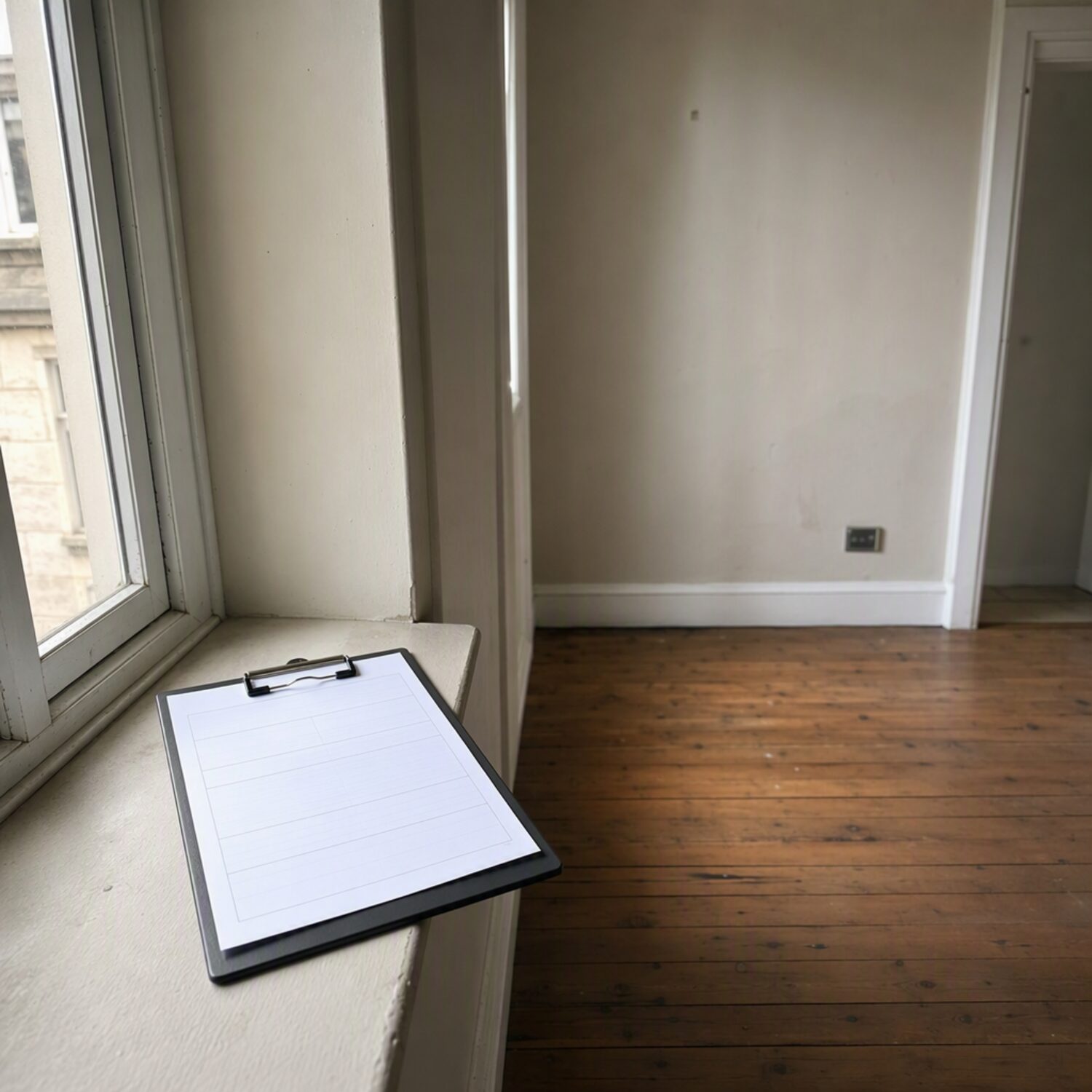 A clipboard with a blank form in an empty flat