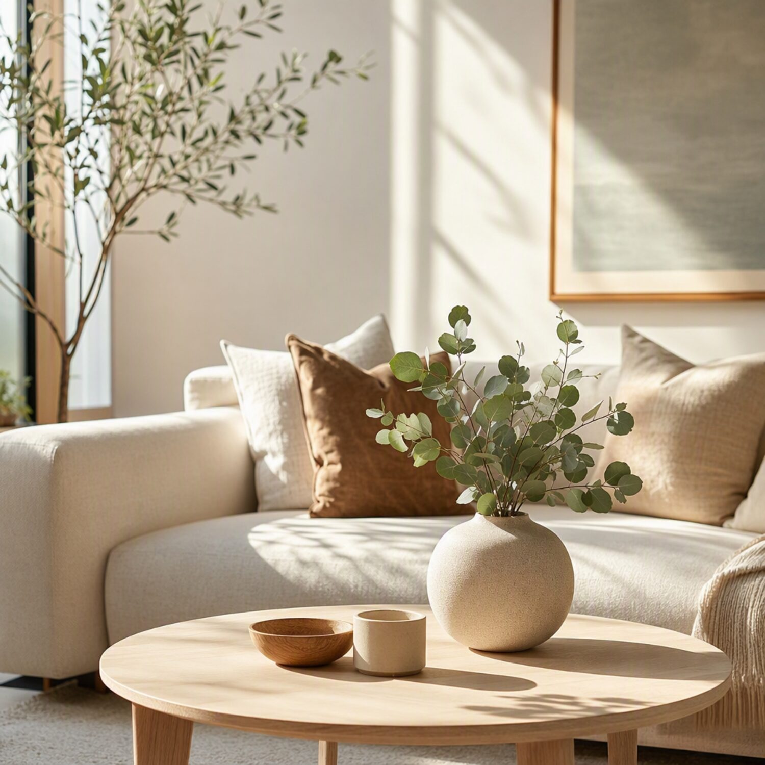 A neutrally staged sunlit living room