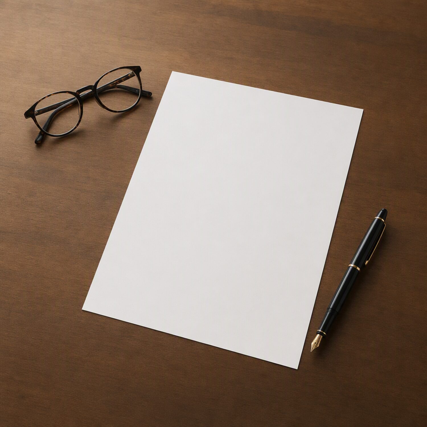 A blank sheet, glasses and a pen on a desk