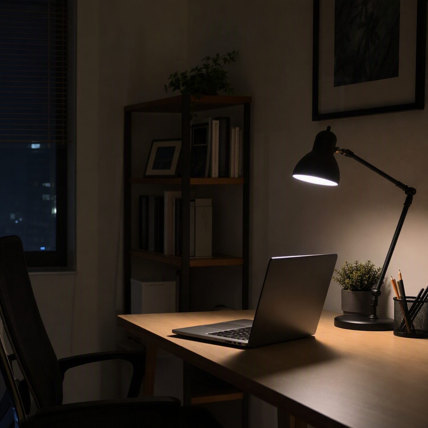 A laptop on a plain desk under a lamp at night