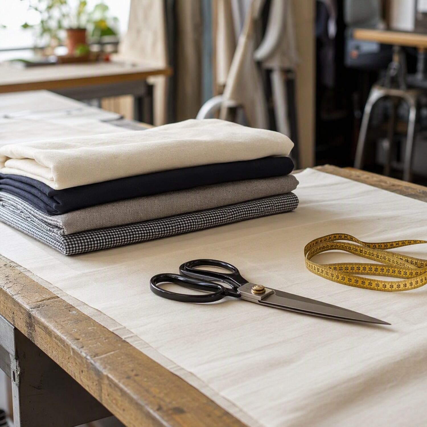 Folded fabric, shears and a tape measure
