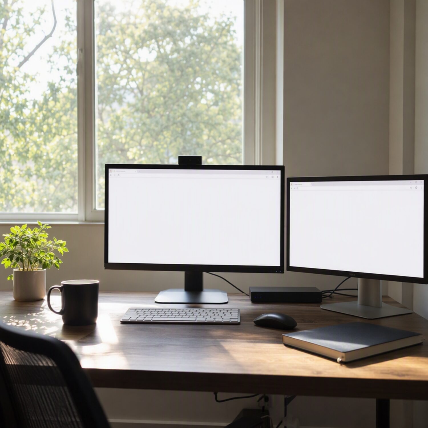 A desk with two monitors and a notebook