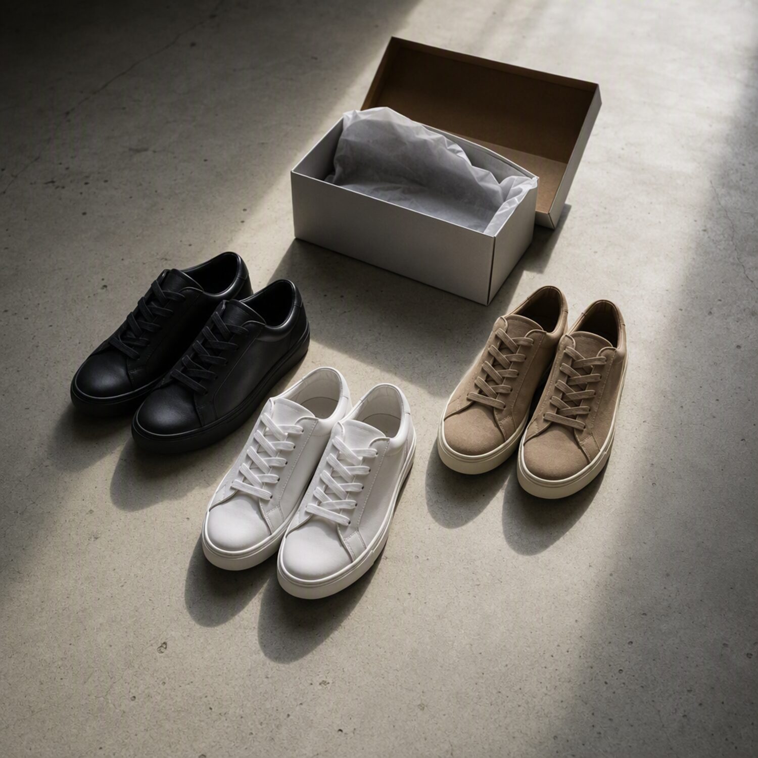Plain sneakers arranged beside an open shoebox