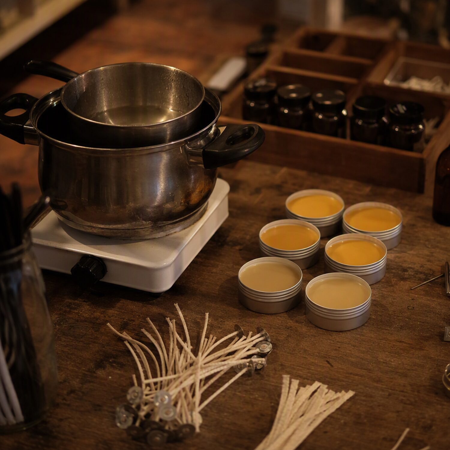 A candle-making workbench with wicks and wax tins