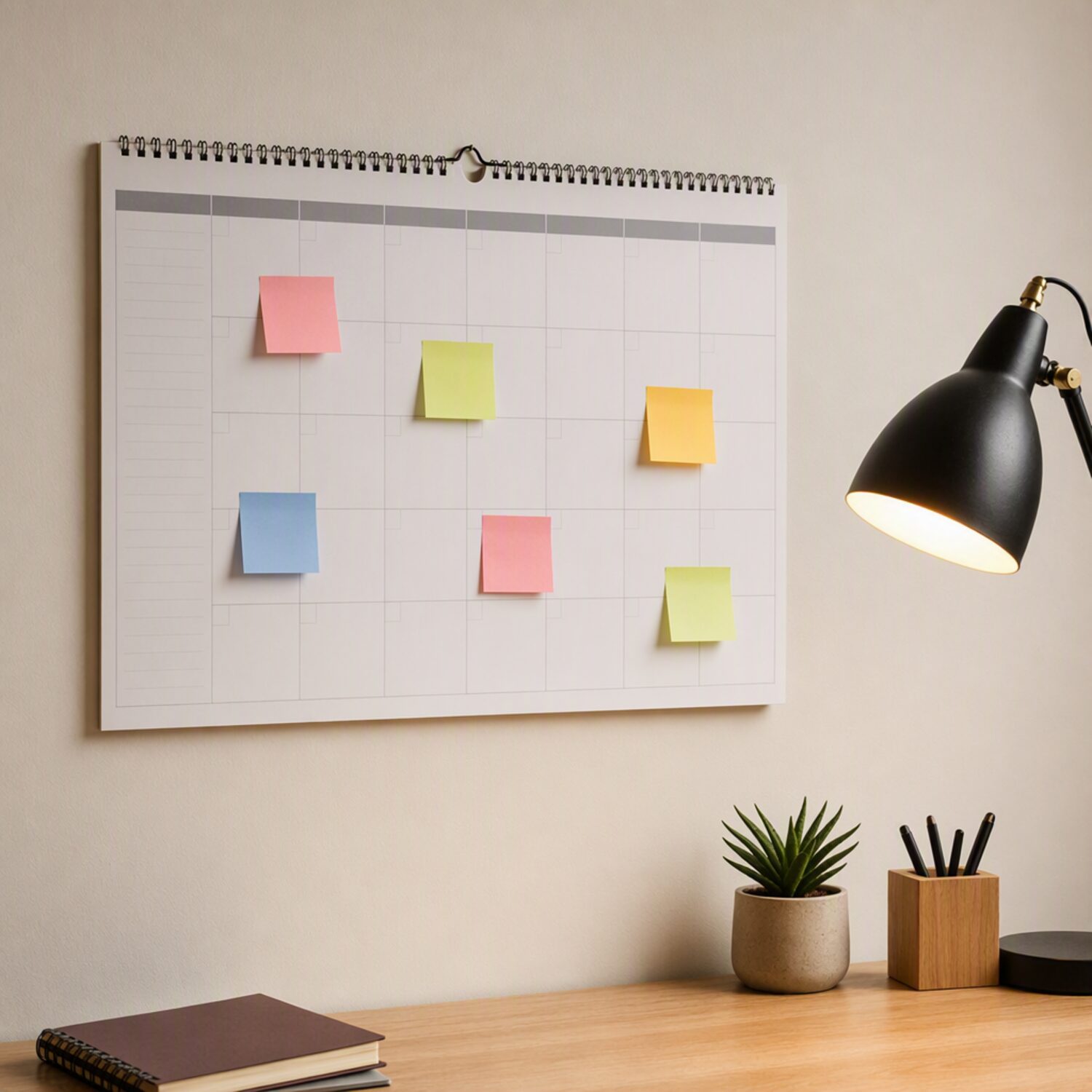 A wall calendar covered in coloured sticky notes