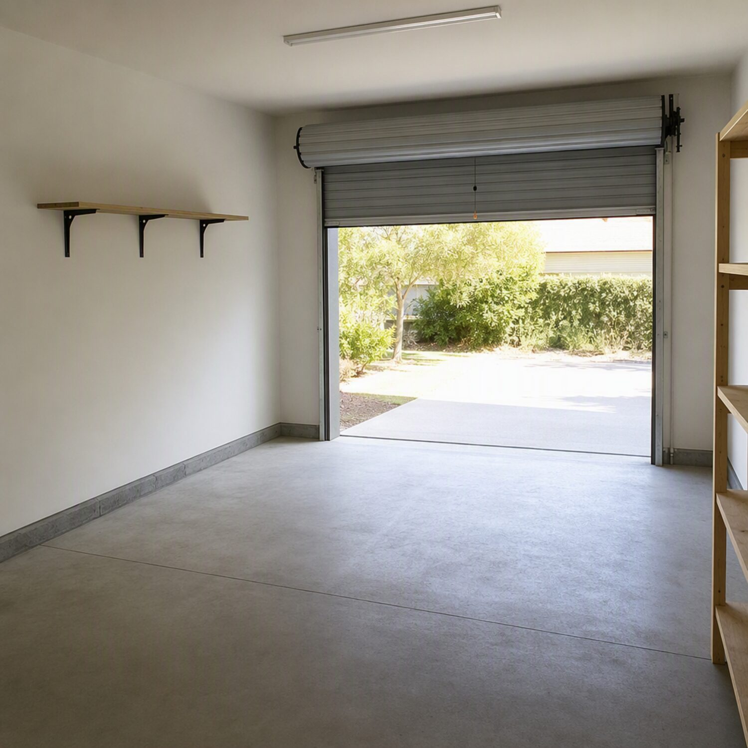 A tidy empty garage with the door partly open