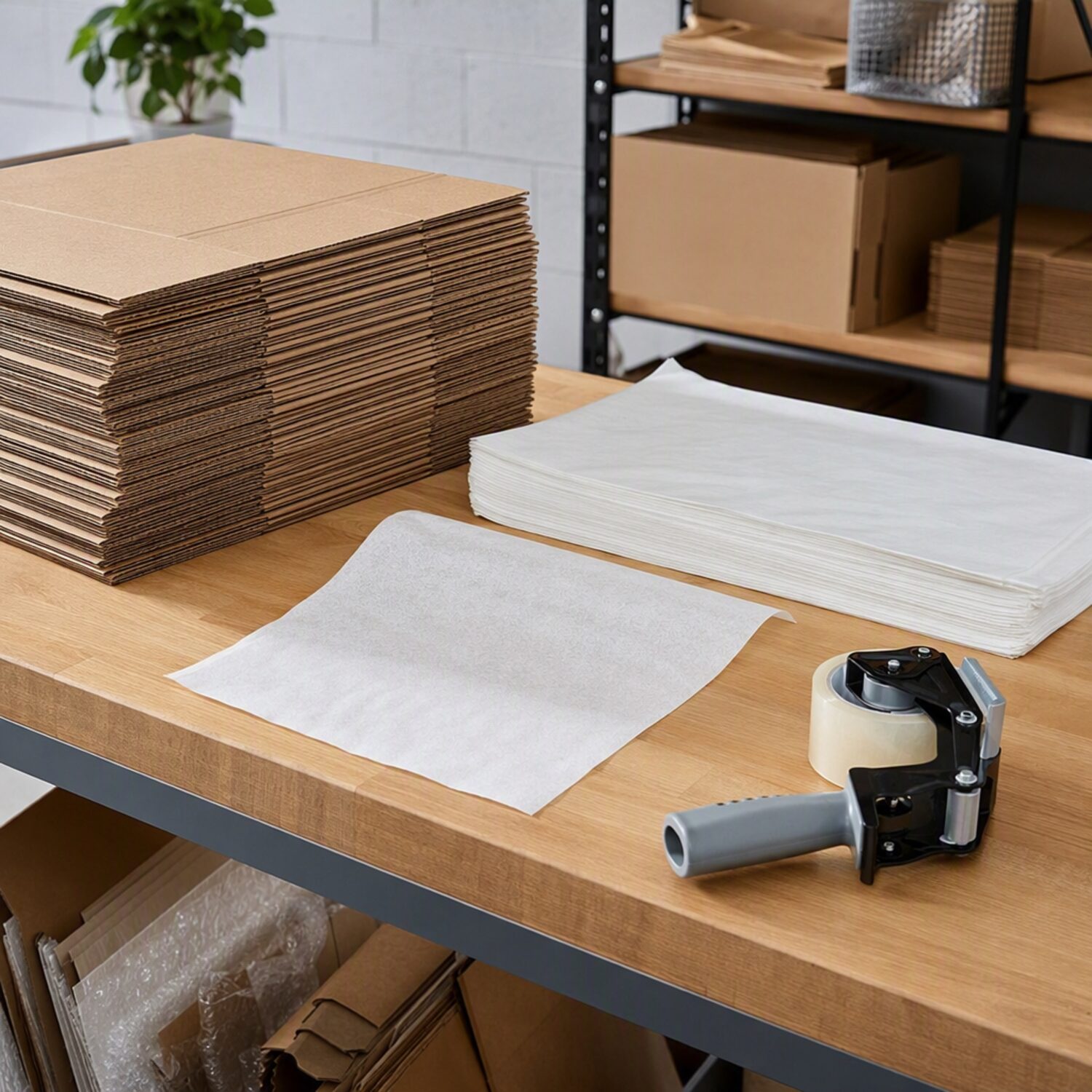 A packing bench with kraft boxes and tissue paper