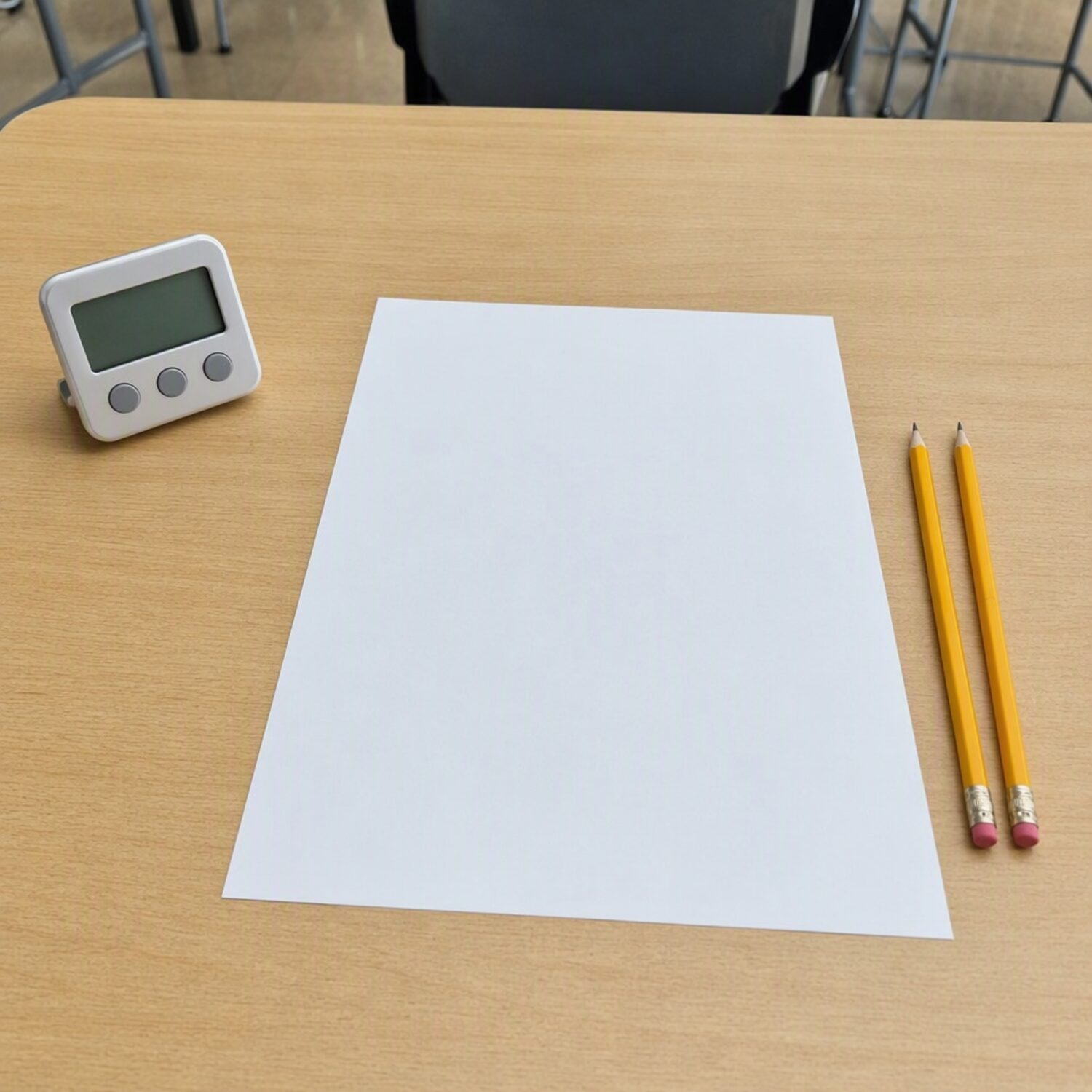 An exam desk with a blank answer sheet and timer