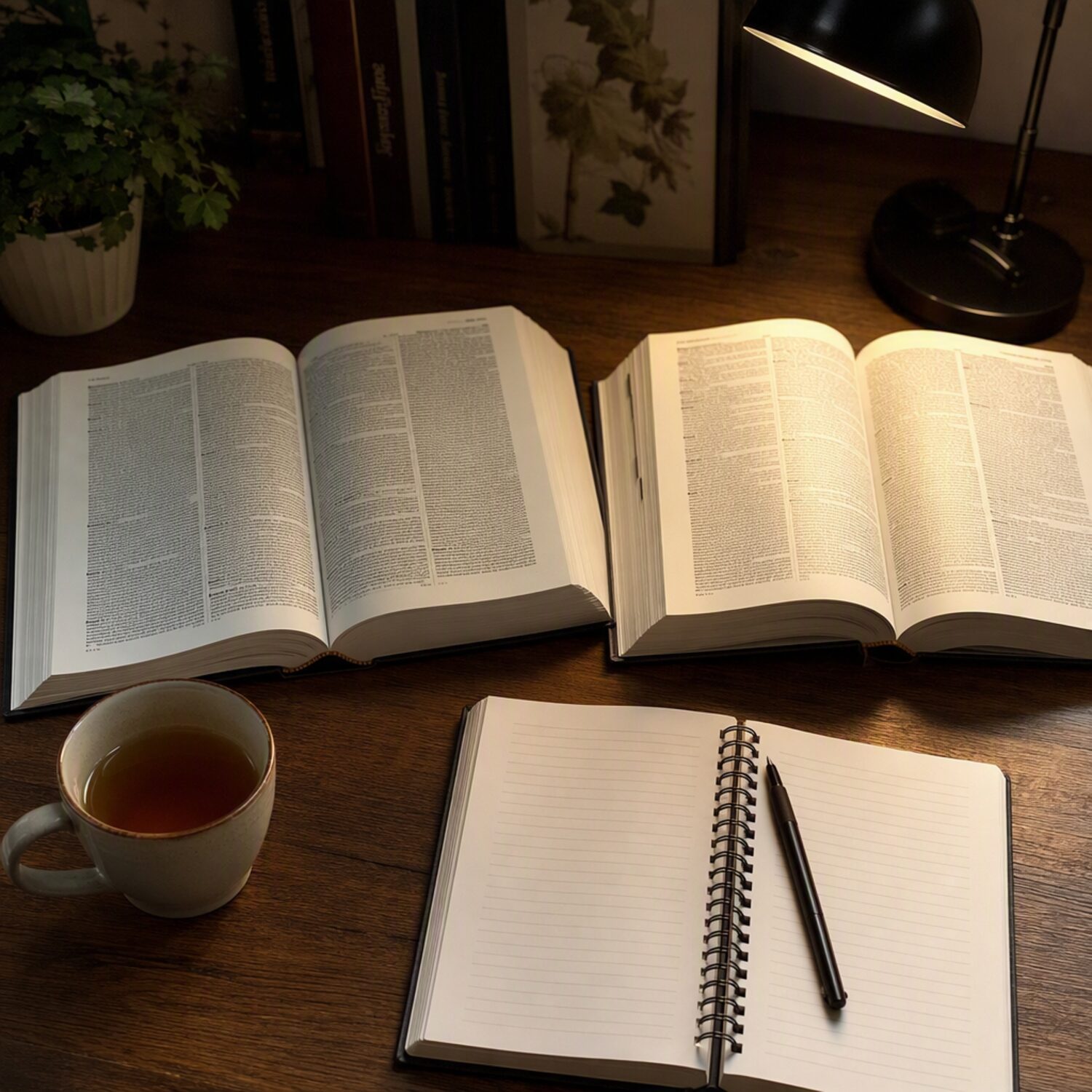 Two open dictionaries beside a notebook