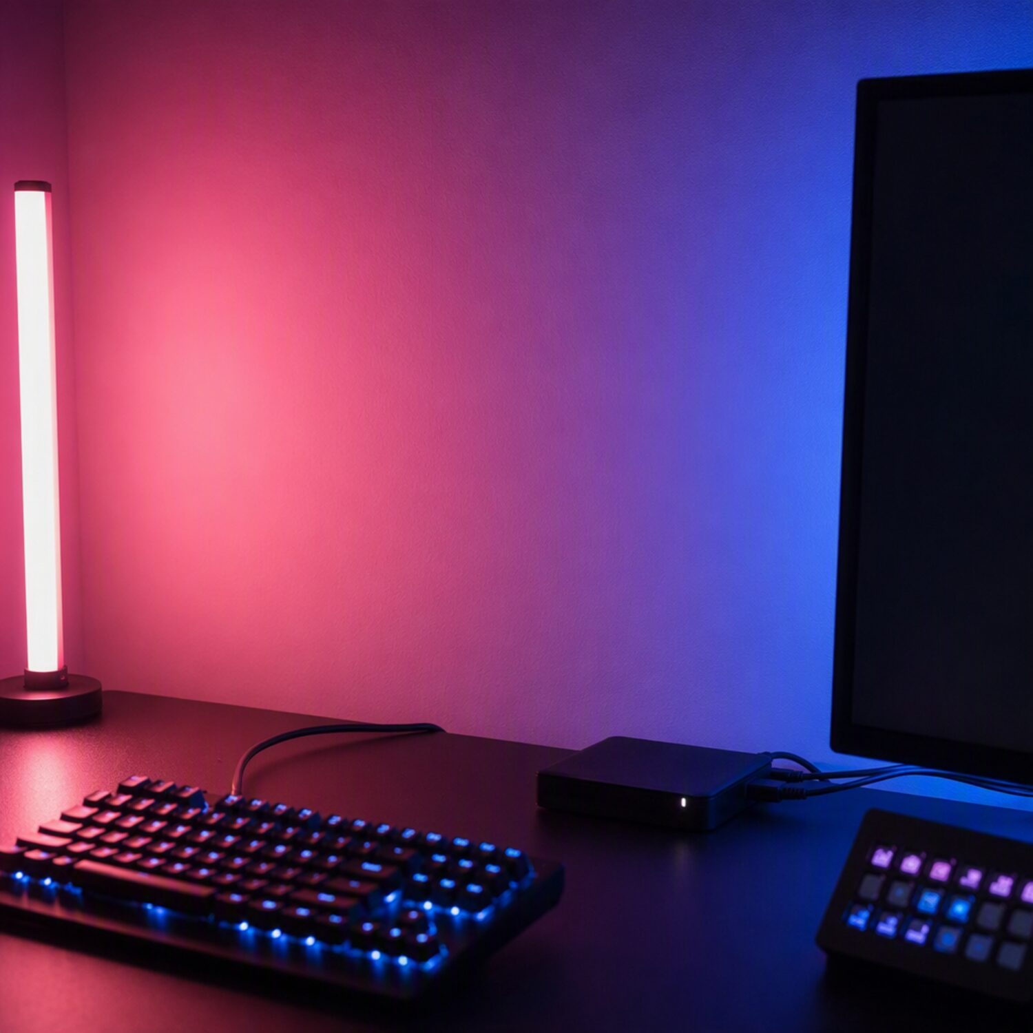 A streaming desk with coloured backlight