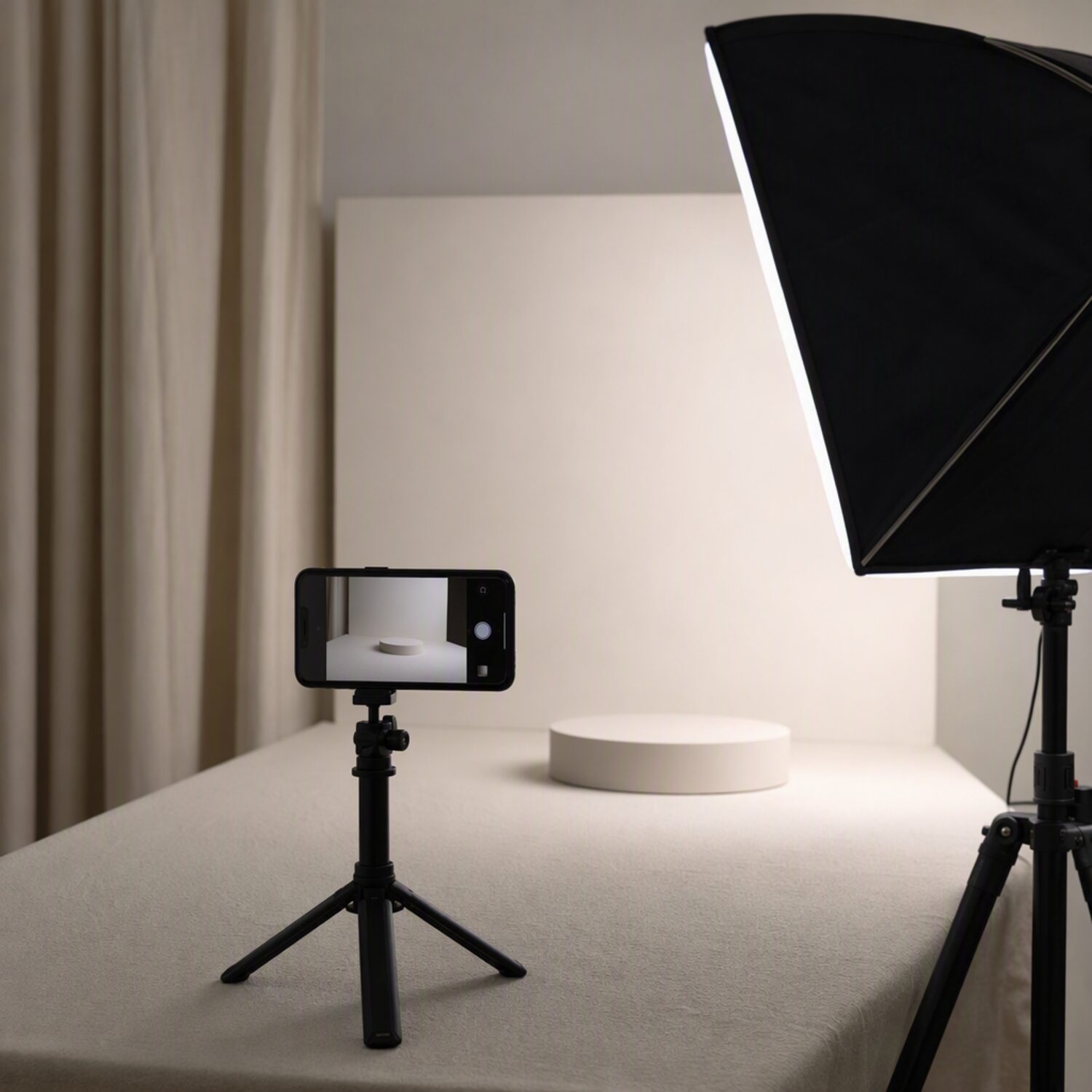 A phone on a tripod aimed at a product stage