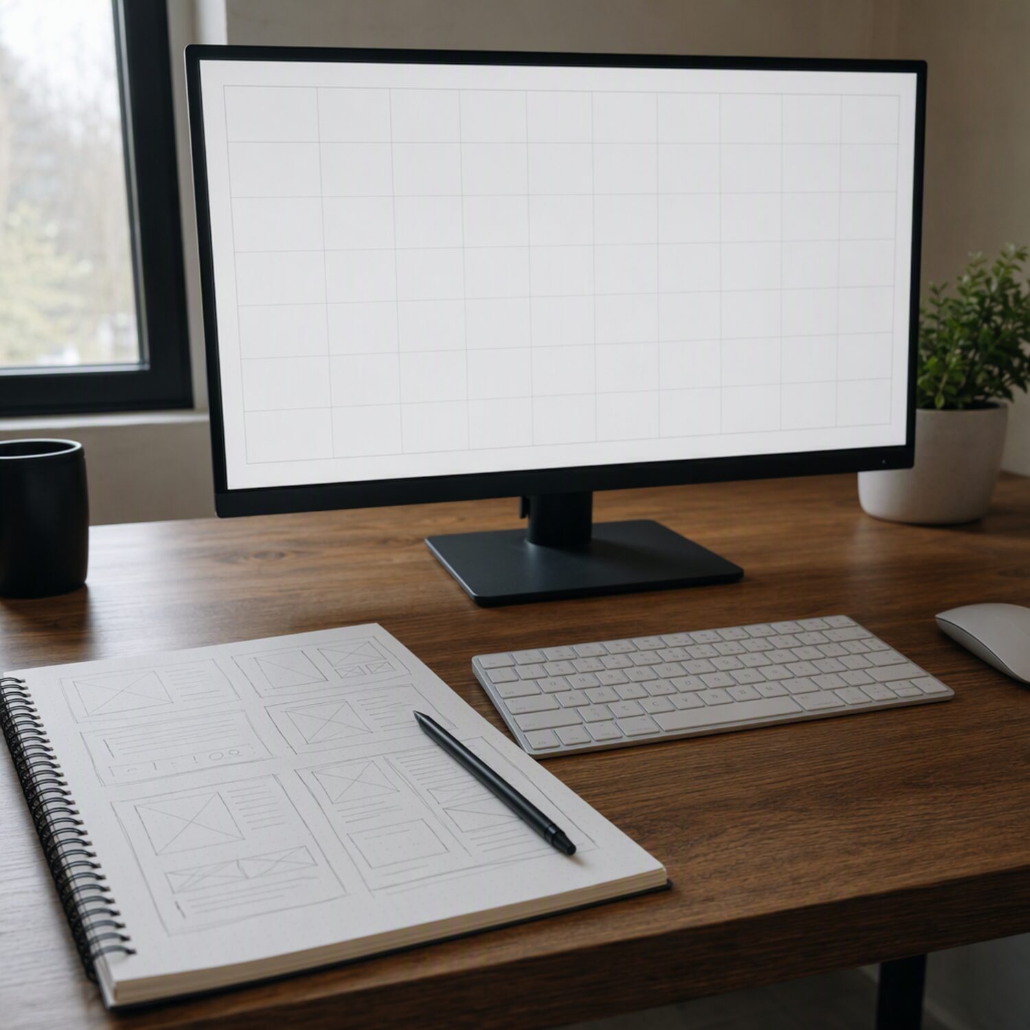 A monitor showing a blank wireframe grid