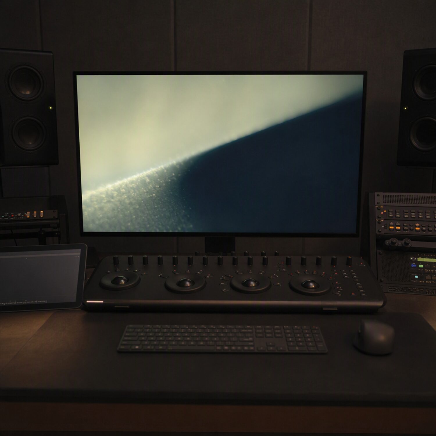 A colour grading panel and wide monitor