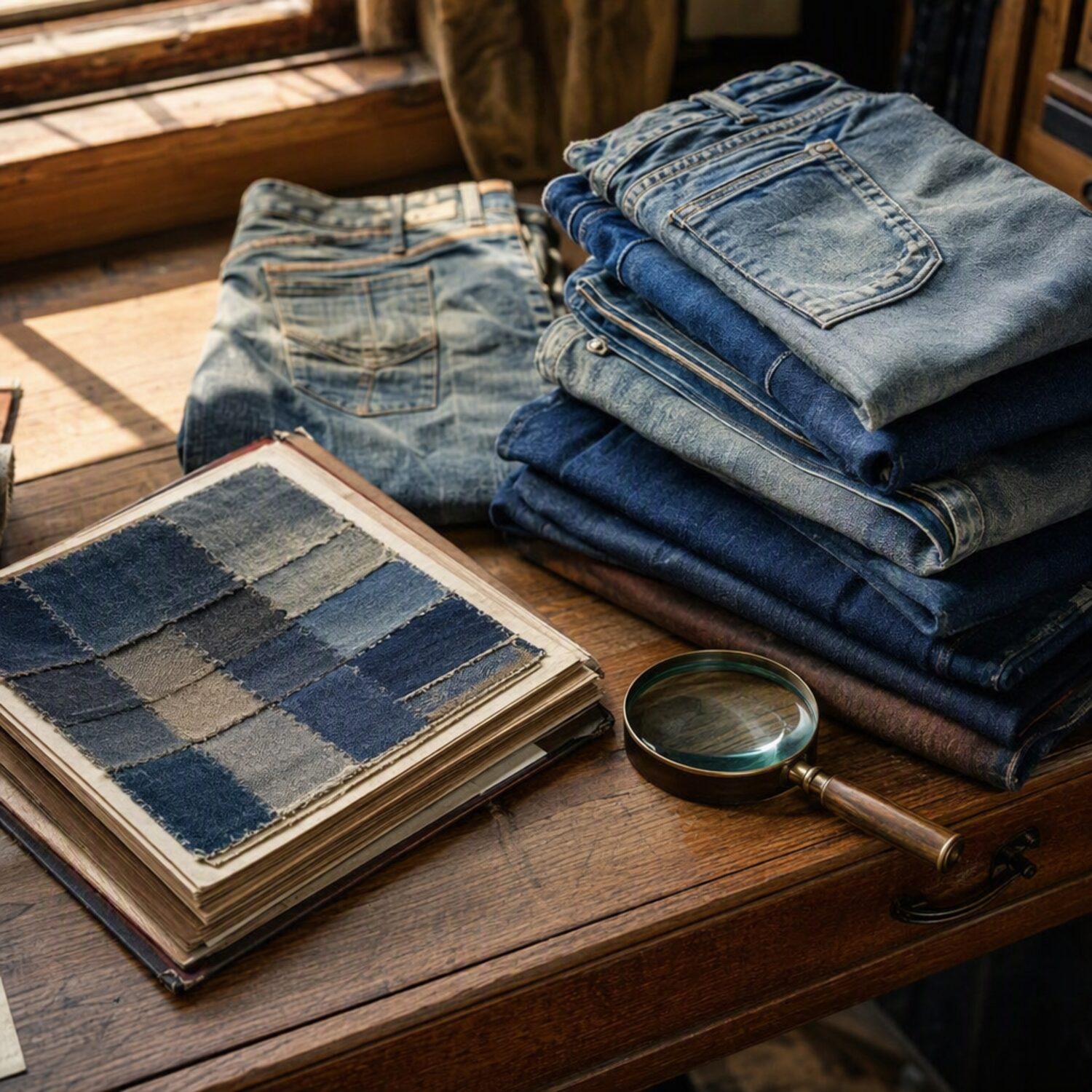 Folded vintage denim with a magnifying glass