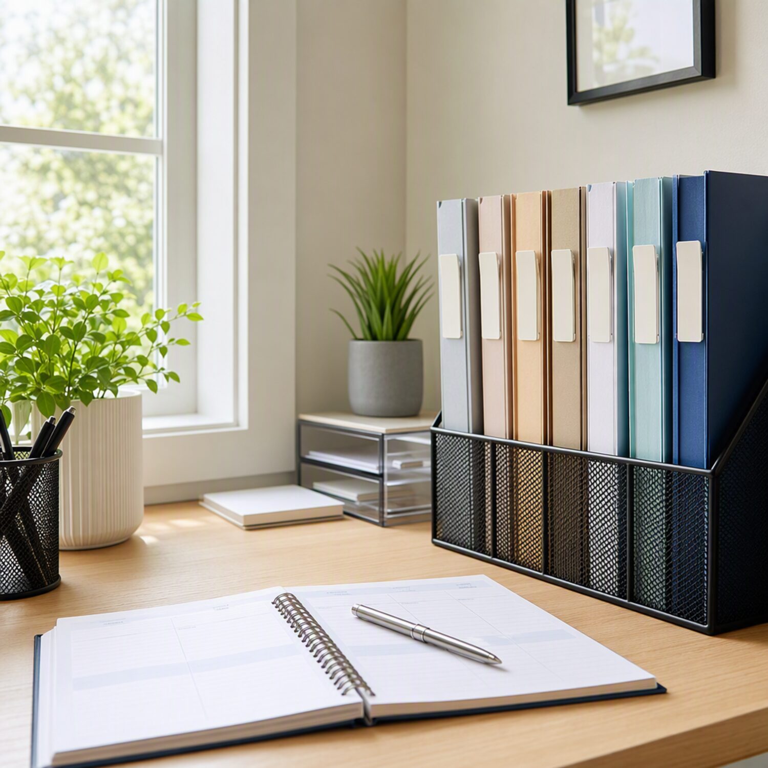 Labelled folders and an open planner on a desk