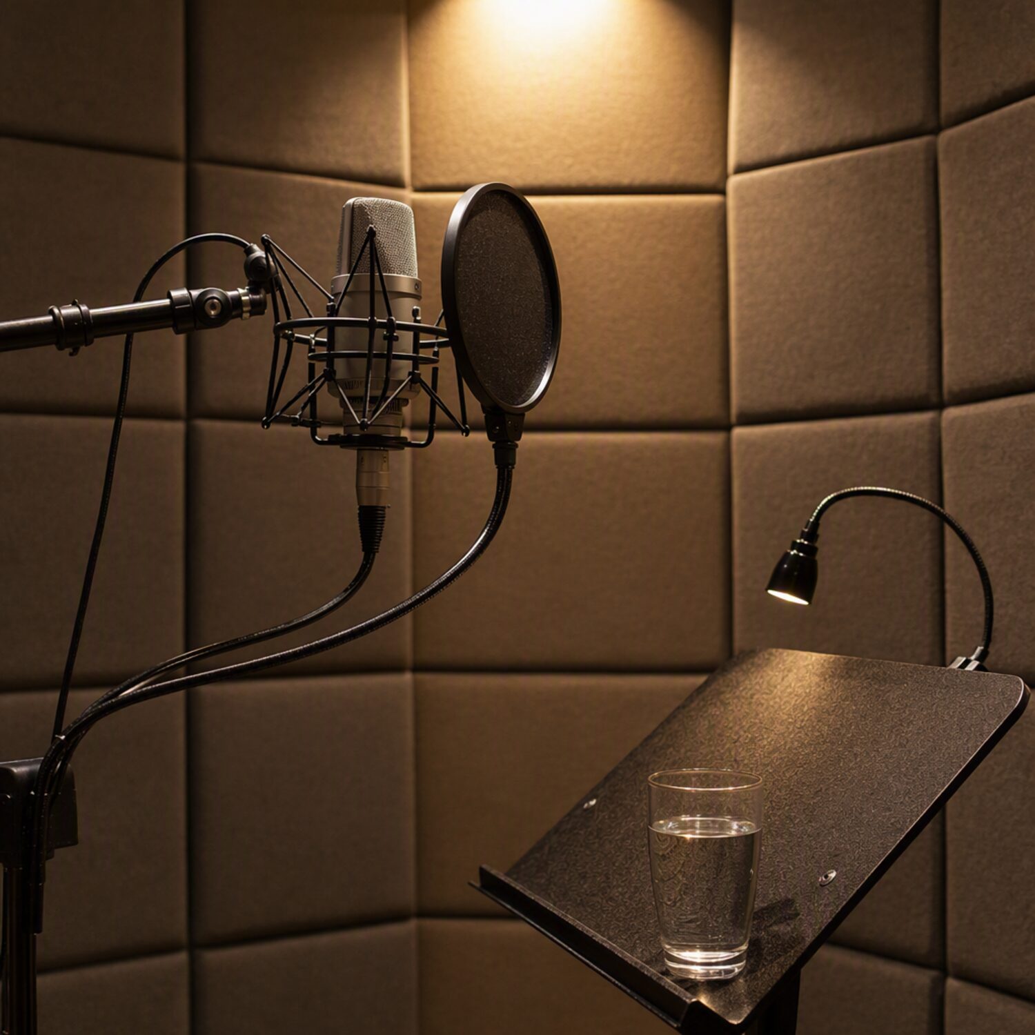 A microphone in a padded recording booth