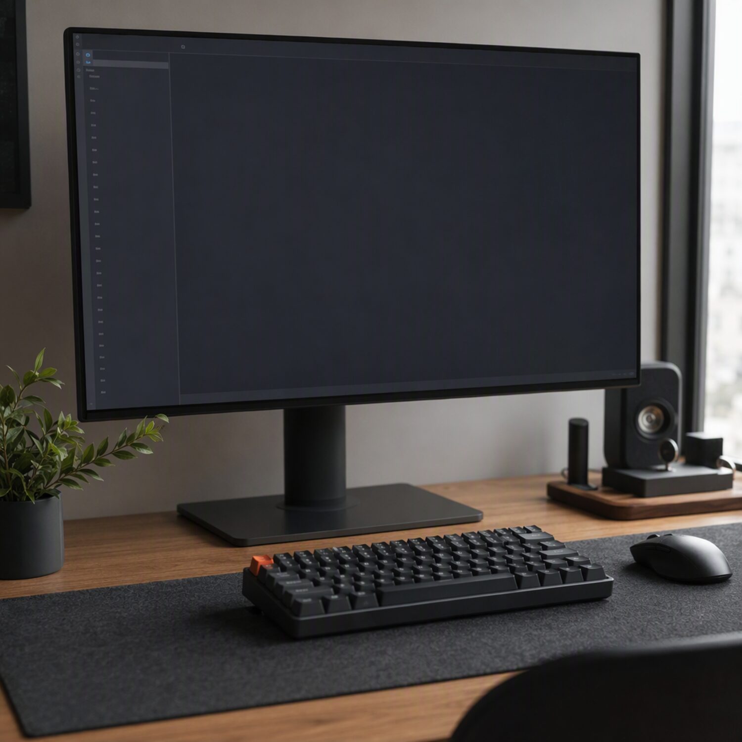 A mechanical keyboard and monitor showing a blank editor