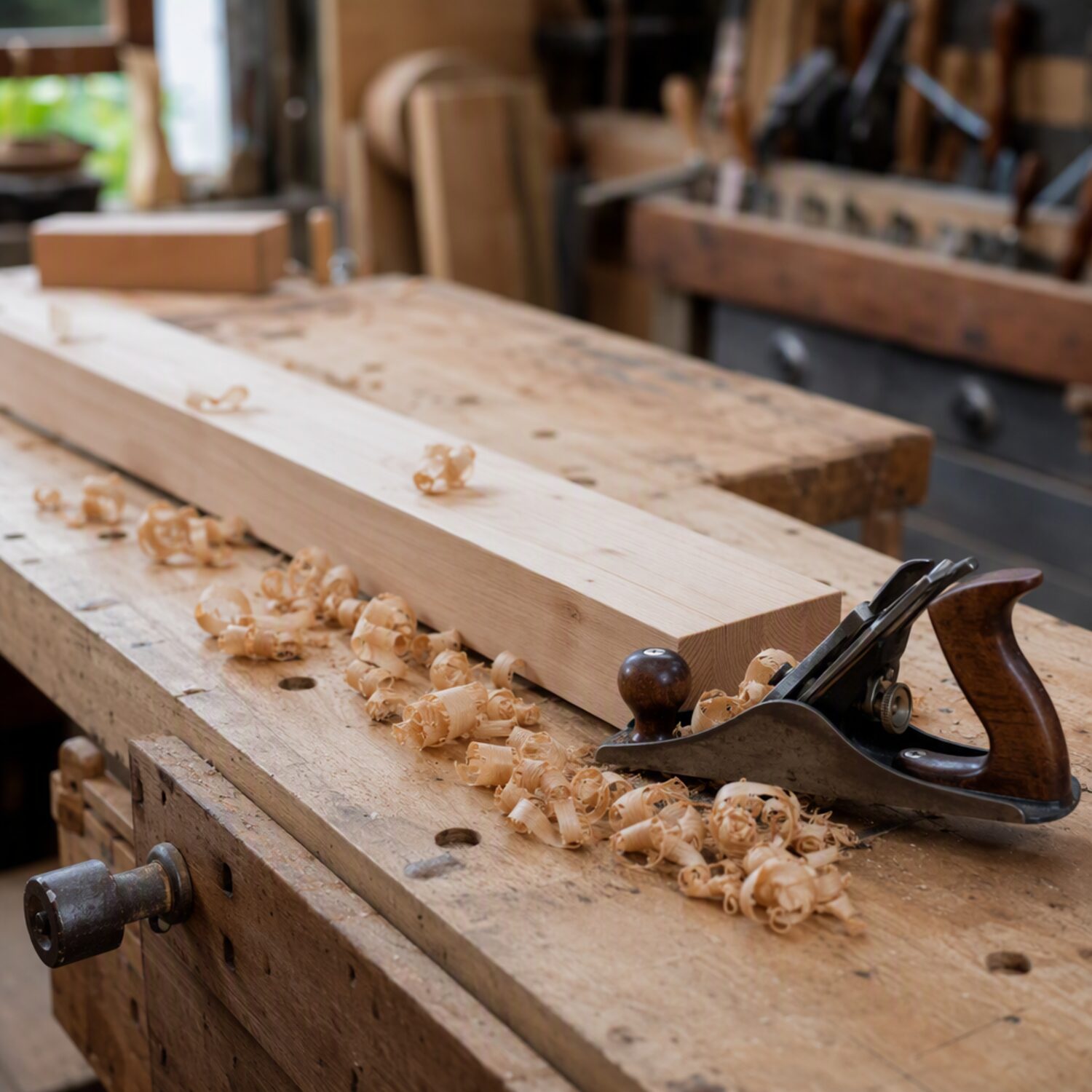 Planed timber and a hand plane on a workbench